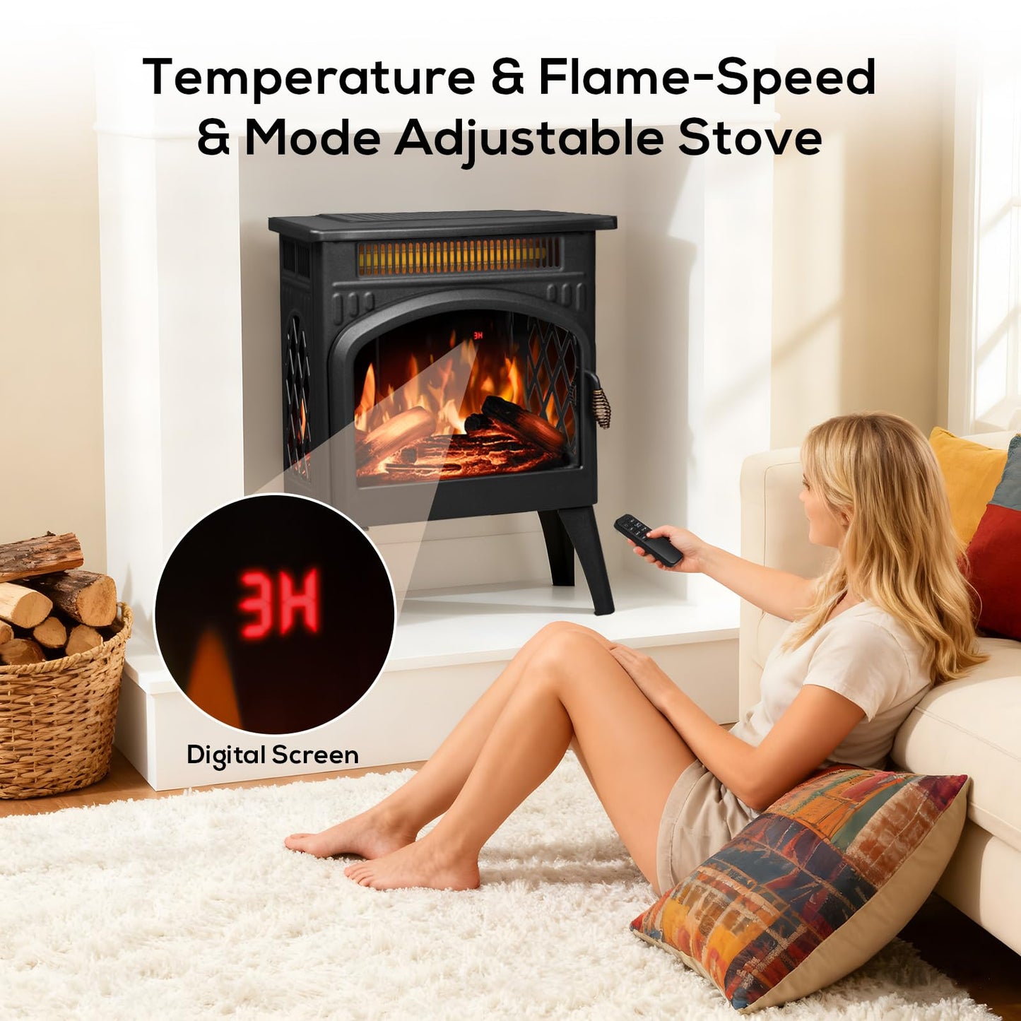 ZAFRO 21" Freestanding Electric Fireplace with Remote, Fireplace Space Heater with Adjustable Flame Color and Brightness, Thermostat/Sleep Mode/Overheat Protection for Bedroom, Living Room(Black)