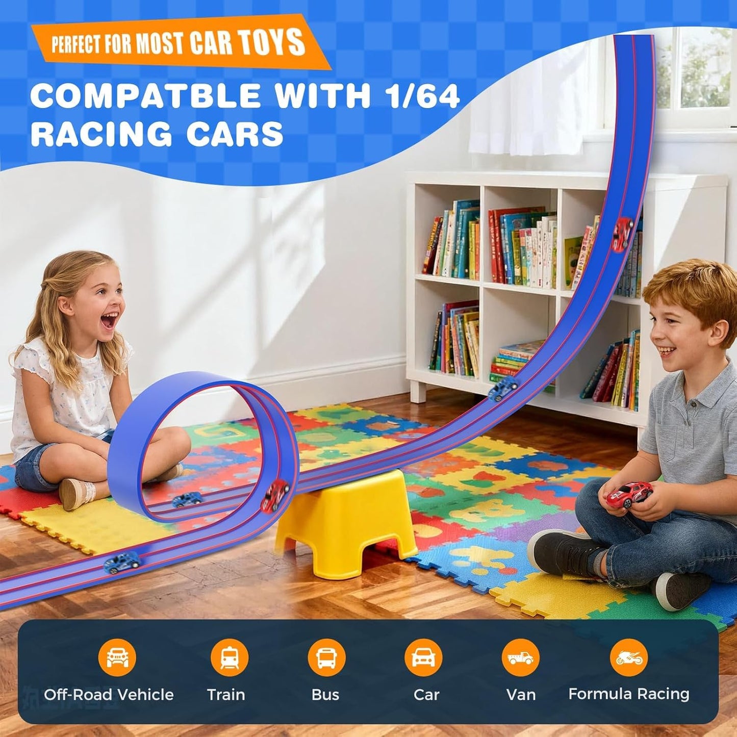 DKOXT 15 Ft Flexible Race Track for Kids, DIY Car Track Set with 2 Toy Cars & 3 Suction Cup Ramps, Easter Basket Stuffers for Teens & Boys Girls, Creative Easter Gifts for Kids, Blue & Red