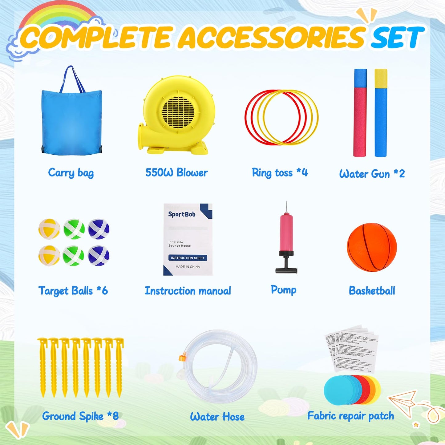 Inflatable Bounce House for Kids Inflatable Water Park with 550W Blower, Ball Shooting, Climbing Wall, Jumping, Kids Bouncy Castle for Outdoor Indoor Backyard Water Slide Summer Party 12 * 9.7 * 7FT