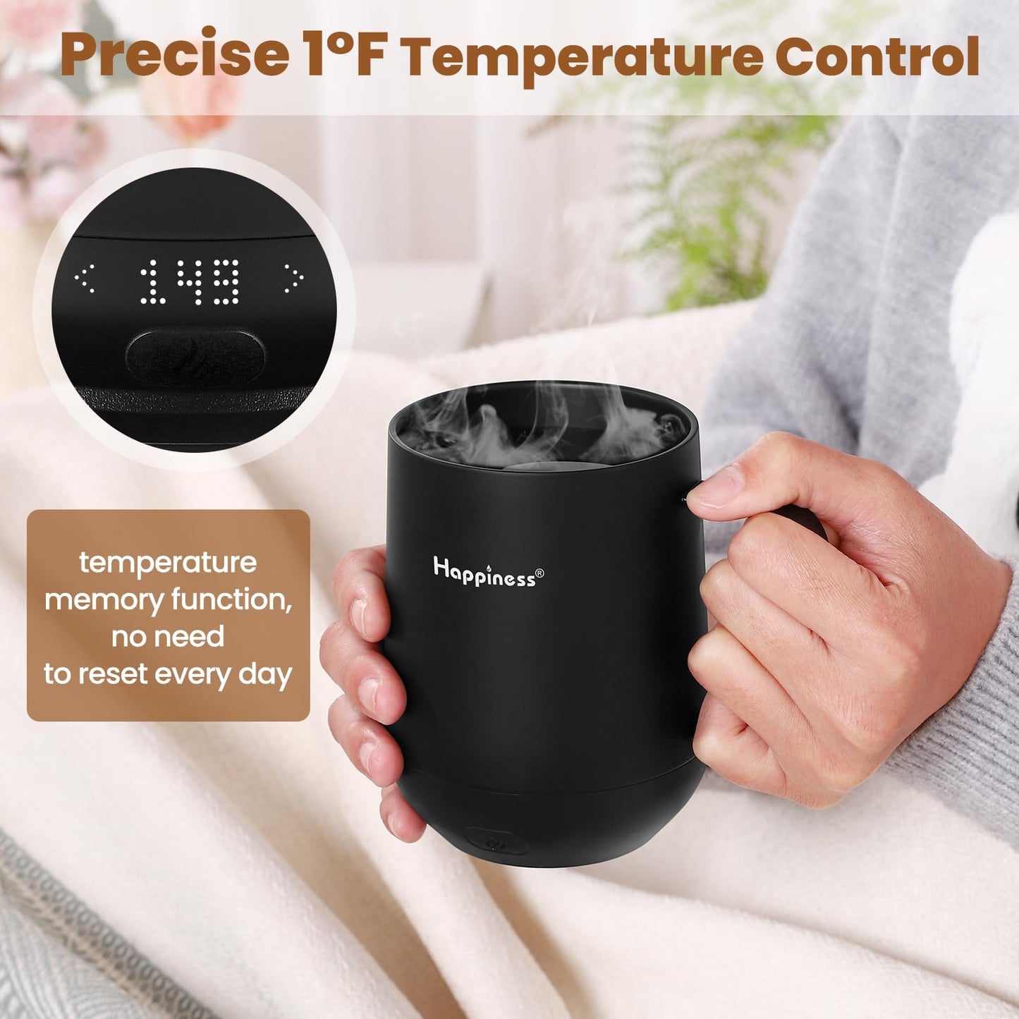 Happiness Smart Heated Coffee Mug,12oz Rechargeable Electric Self Heating Temperature Control Coffee Cup,Gifts for Mom Dad Grandma Wife