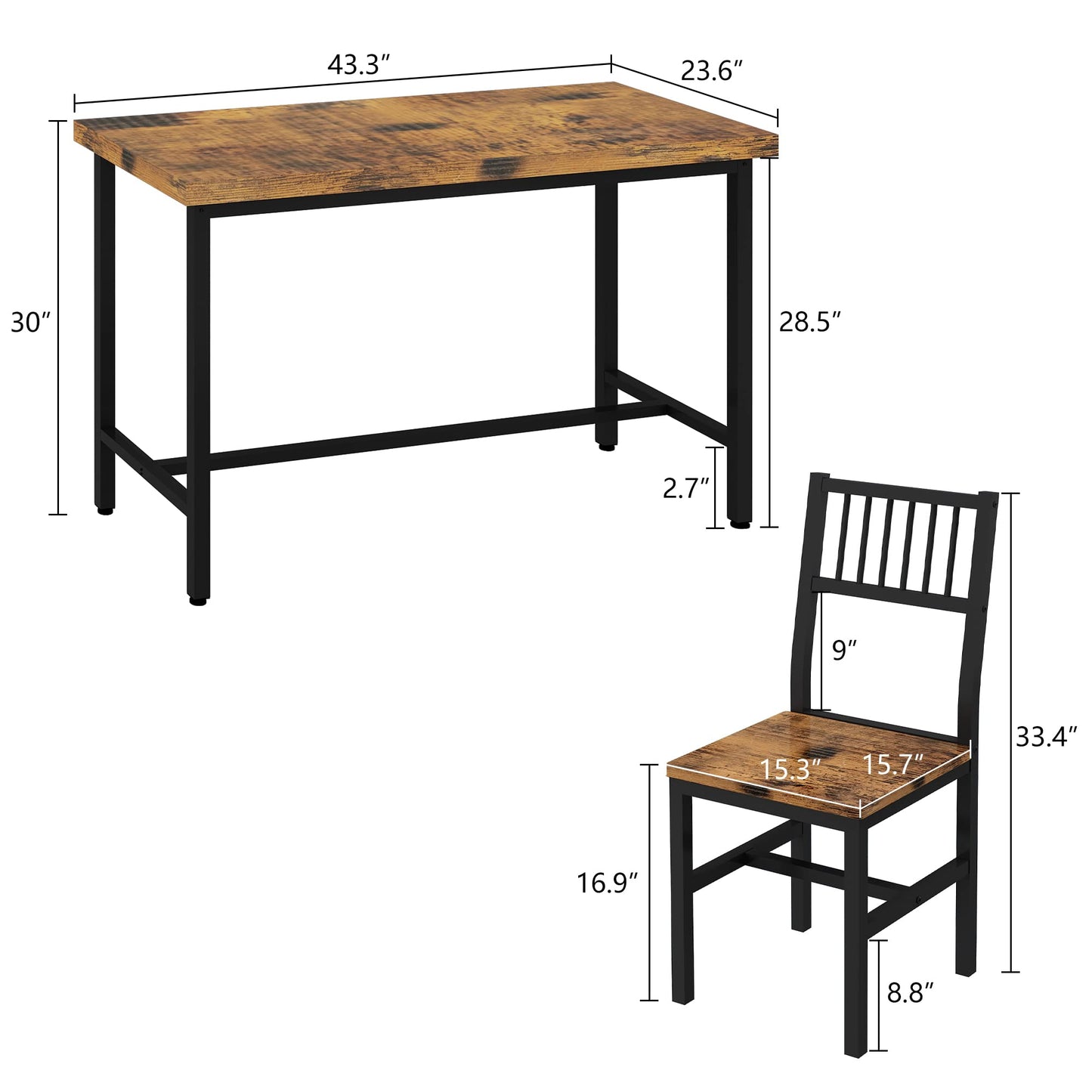 AWQM 43.3 Inch Dining Table Set for 4,Industrial Table with 4 Curved Chairs Set,5-Piece Rectangular Kitchen Table Set for Dining Room,Breakfast Nook,Small Space