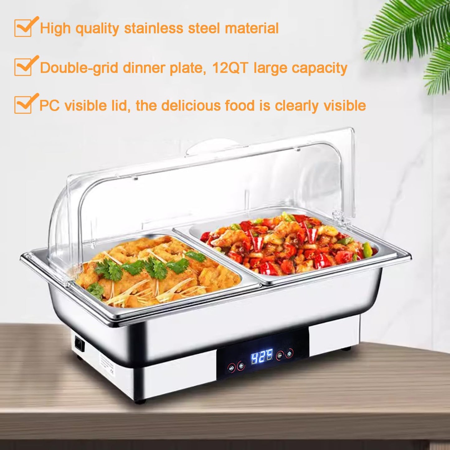 Electric Chafing Dish, 12 QT Full Size Buffet Servers and Warmers with Temperature Control Display Stainless Dish Set Pan for Catering Food Warmer for Catering Parties