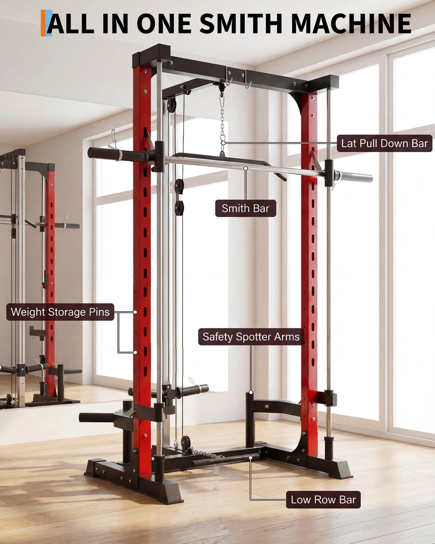 Garvee Smith Machine, 1000LBS Multi-Functional Smith Machine Home Gym, Squat Rack with LAT-Pull Down System, Power Rack with Barbell Bar, Power Cage with Attachments Full Body Training, Black/Red