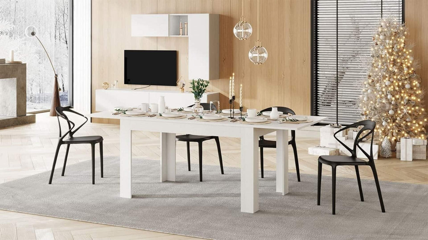 Mobili Fiver, Easy, Extendable Dining Table, 55.1(86.6) x35.4 in, Ashwood White, for 6-8 People, Expandable Dining Table for Kitchen, Italian Furniture