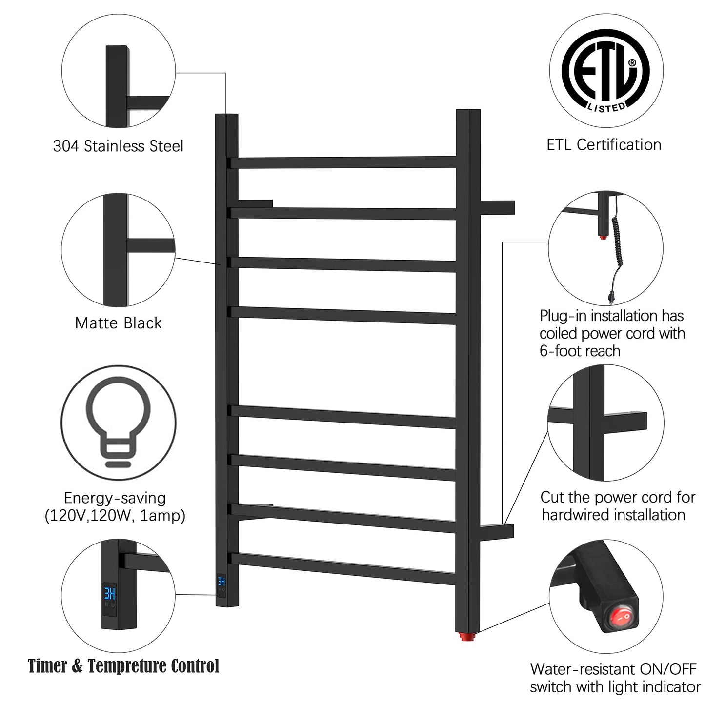 HEATGENE Towel Warmer with Timer and Temperature Control, Electric Towel Warmer with 8 Square Bars, Wall-Mounted Electric Towel Rack with 8 Square Bars, Plug-in/Hardwired Towel Rails - Matte Black