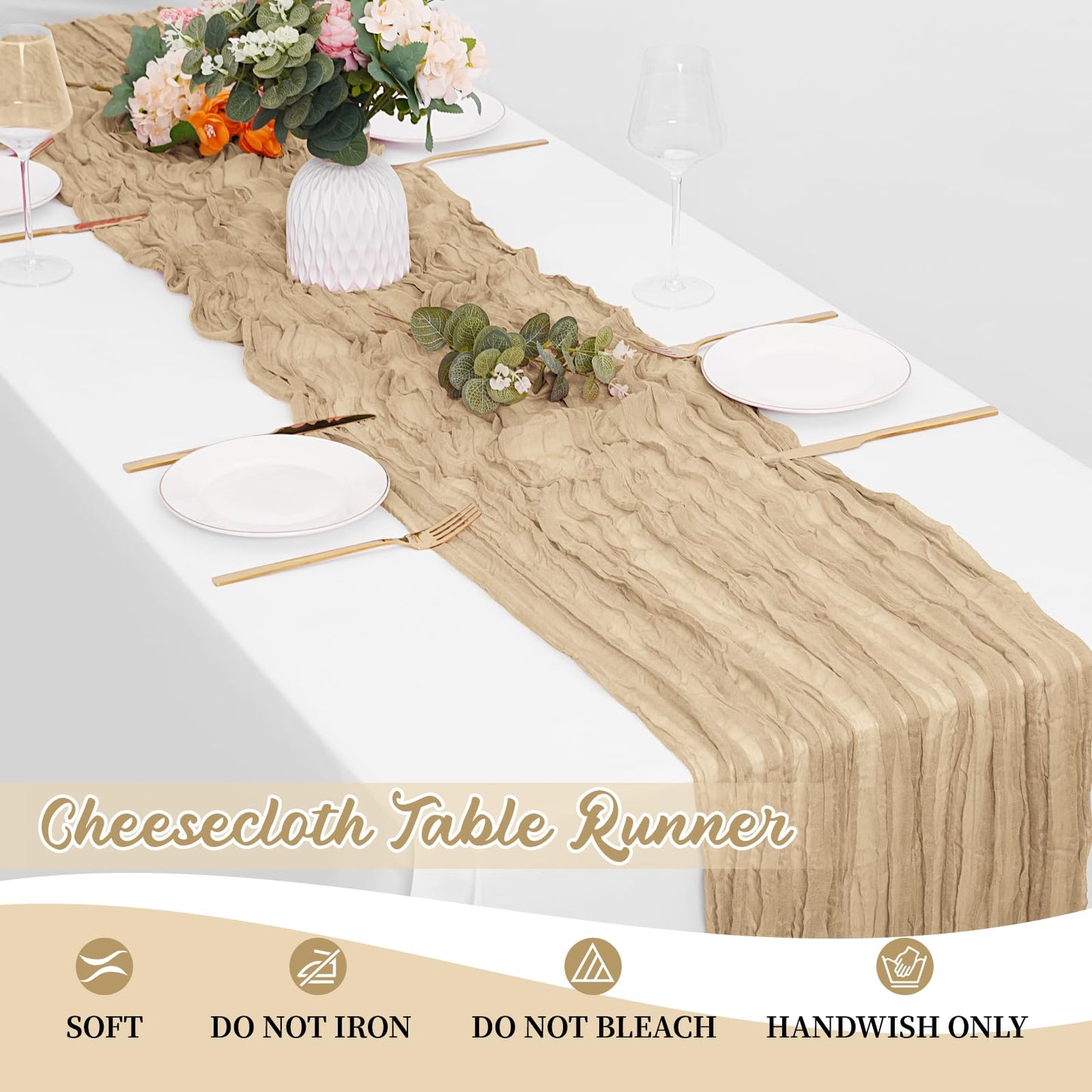8 Pack Beige Cheesecloth Table Runners 20x120 Inch Gauze Table Runner Cheese Cloth 10FT Beige Table Runner Rustic Sheer Runner for Wedding Birthday Party Baby Shower Table Decor