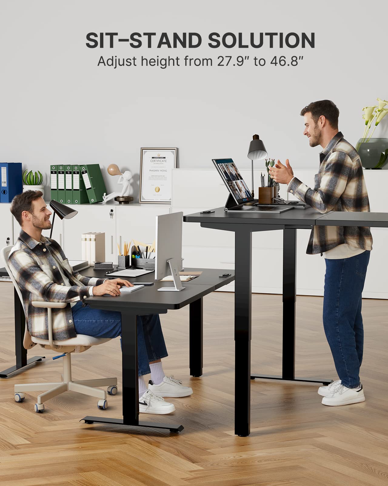 Totnz L Shaped Electric Standing Desk Adjustable Height with 4-in 1 Electical Outlet, 63x55 Inch Standing Desk with Headphone Hook, Stand up Desk for Home Office Sturdy Writing Workstation Black