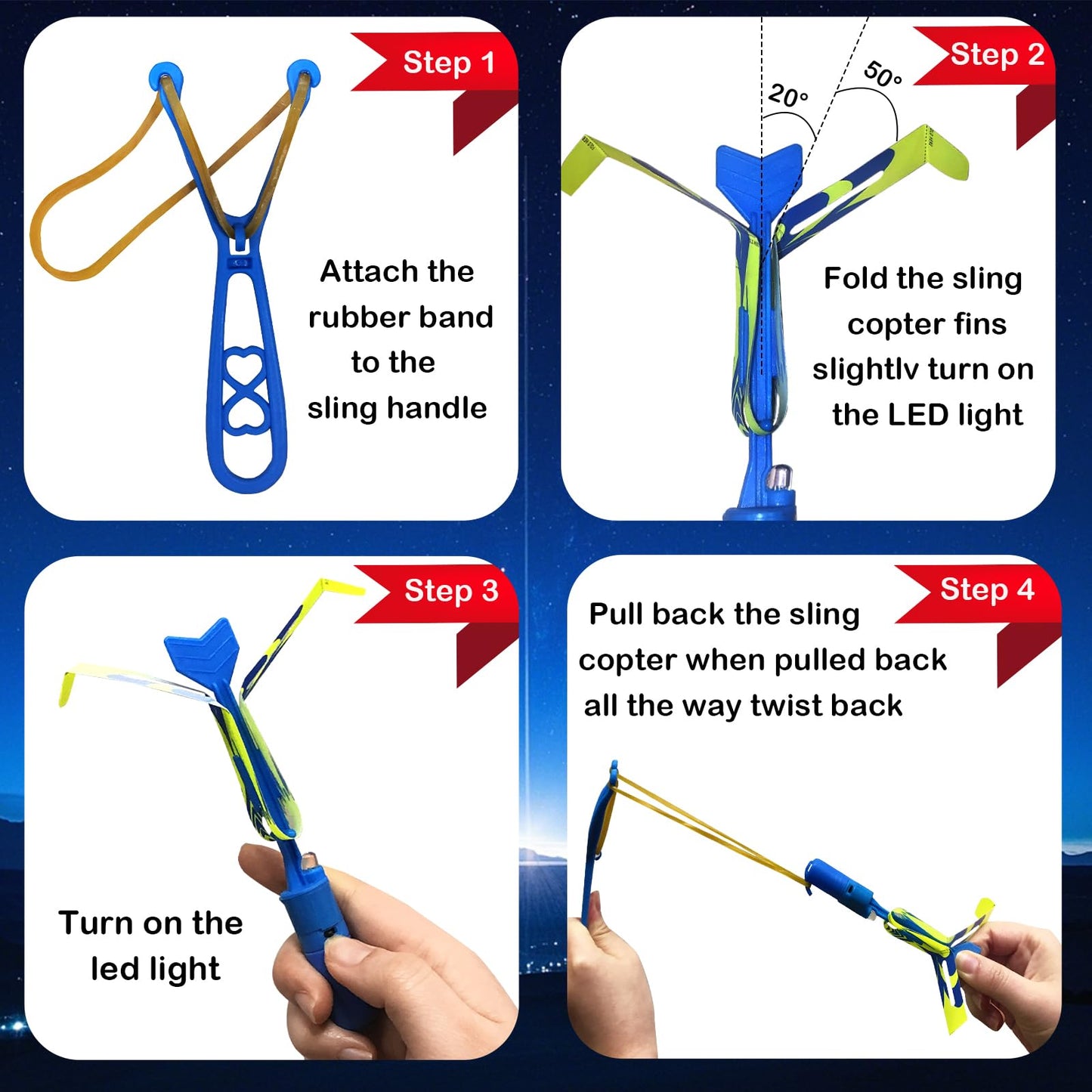 JX 24 Pack Rocket Slingshot Flying Toys with Led Lights,24Pcs LED Arrow Helicopters + 24Pcs Launchers,Summer Outdoor Game LED Slingshot Toy for Kids, Glow in The Dark Kids Party Supplies
