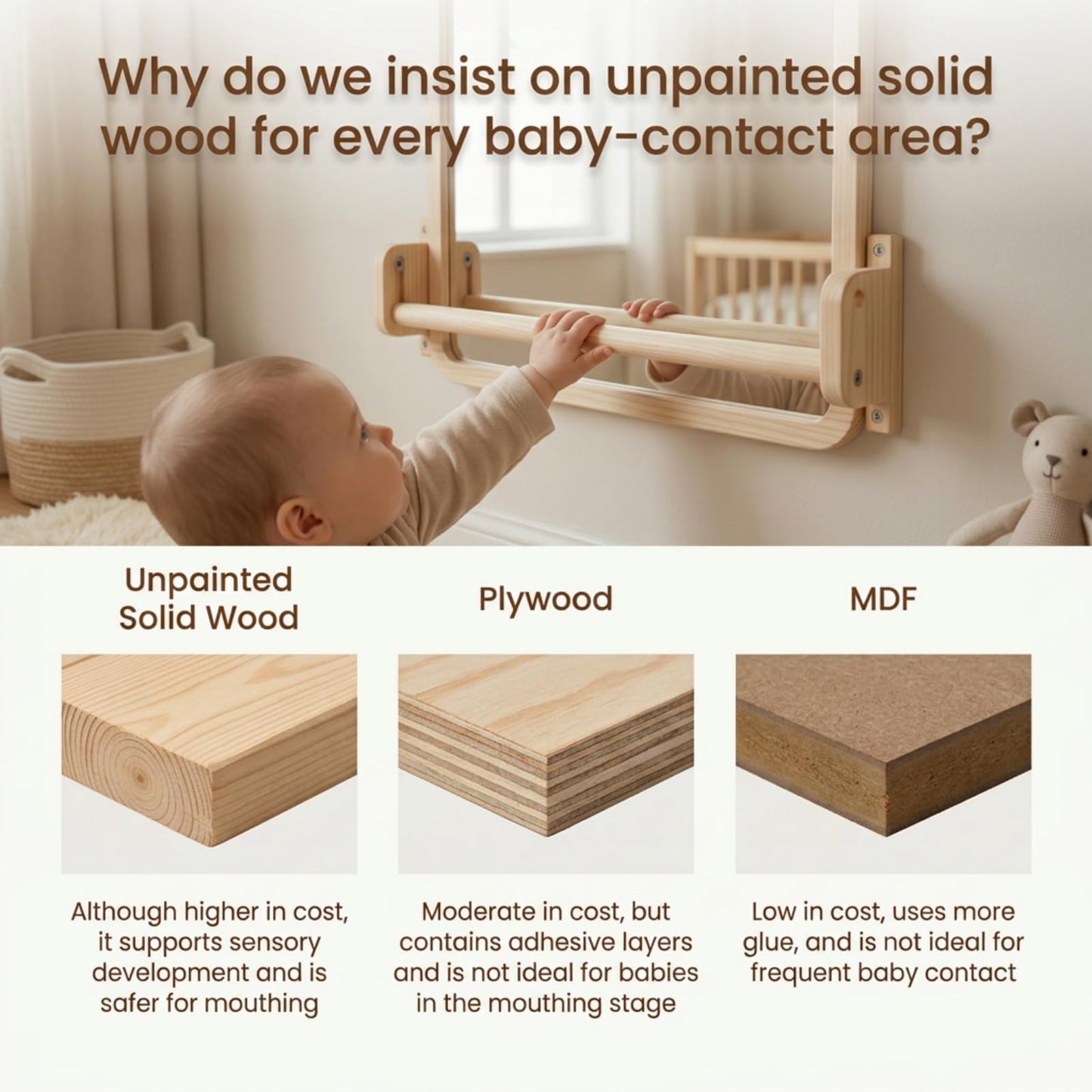 Woodtoe Montessori Mirror with Bar, Adjustable Baby Pull to Stand Toys, Natural Unpainted Solid Wood Frame & Baby Pull Up Bar, Infant Coordination Toddler Mirror, Developmental Toys for 6-18 Months