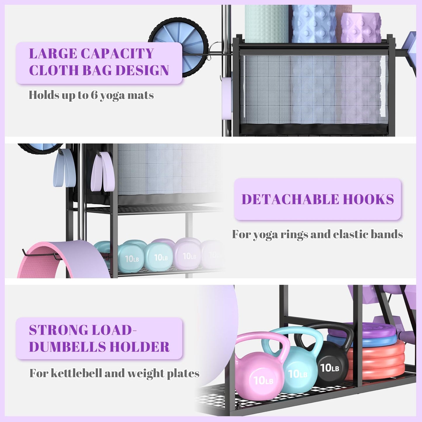 Mythinglogic Dumbbell Rack for Home Gym, Weight Rack for Dumbbells,Yoga Mat Holder for Yoga Mat and Kettlebells, Multifunctional Home Gym Storage Rack with Casters (New Black)