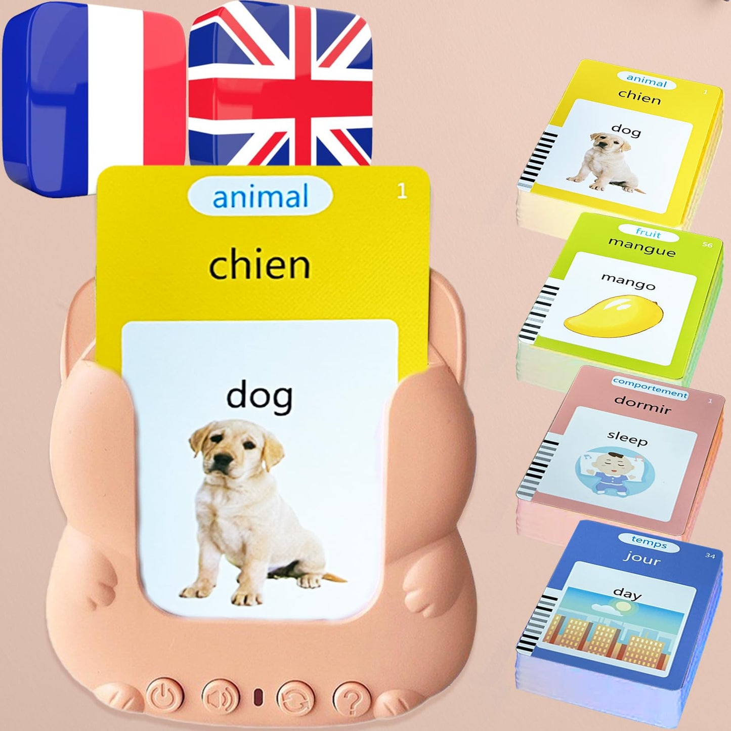 MoLingvora Talking Flash Cards Bilingual for Toddlers - French English Flashcards for Kids Adults, Test Mode, Pocket Speech Children, Interactive Vocabulary Learning, Audible Gifts Boy Girl (French)