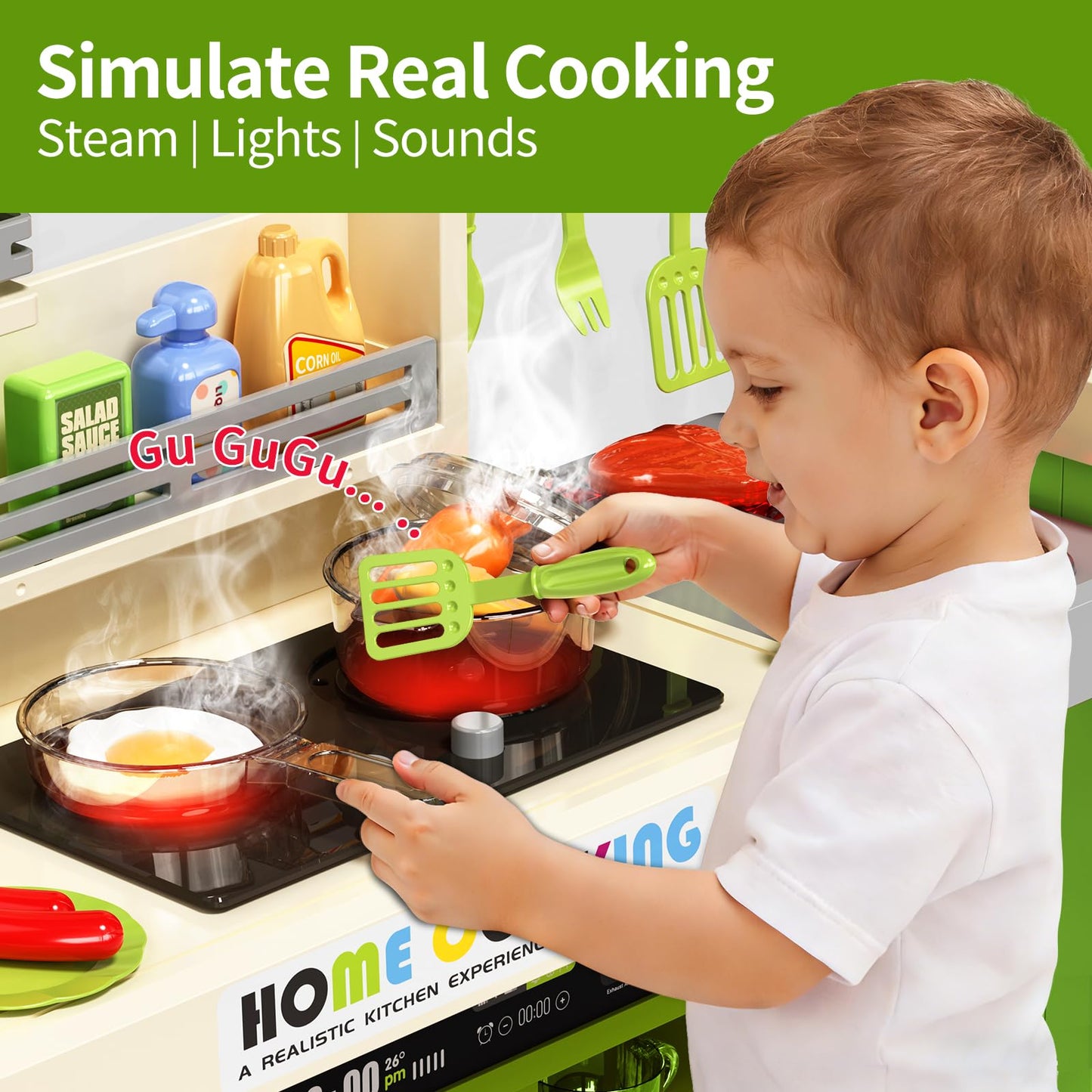 Pupu Pig Kids Kitchen Playset, Play Kitchen with Toy Stove, Grill, Sink, Play Food, ToyKitchen Accessories, Kitchen Interactive Play with Lights Sound Steam, Cooking Toys for Toddler Kid Gifts