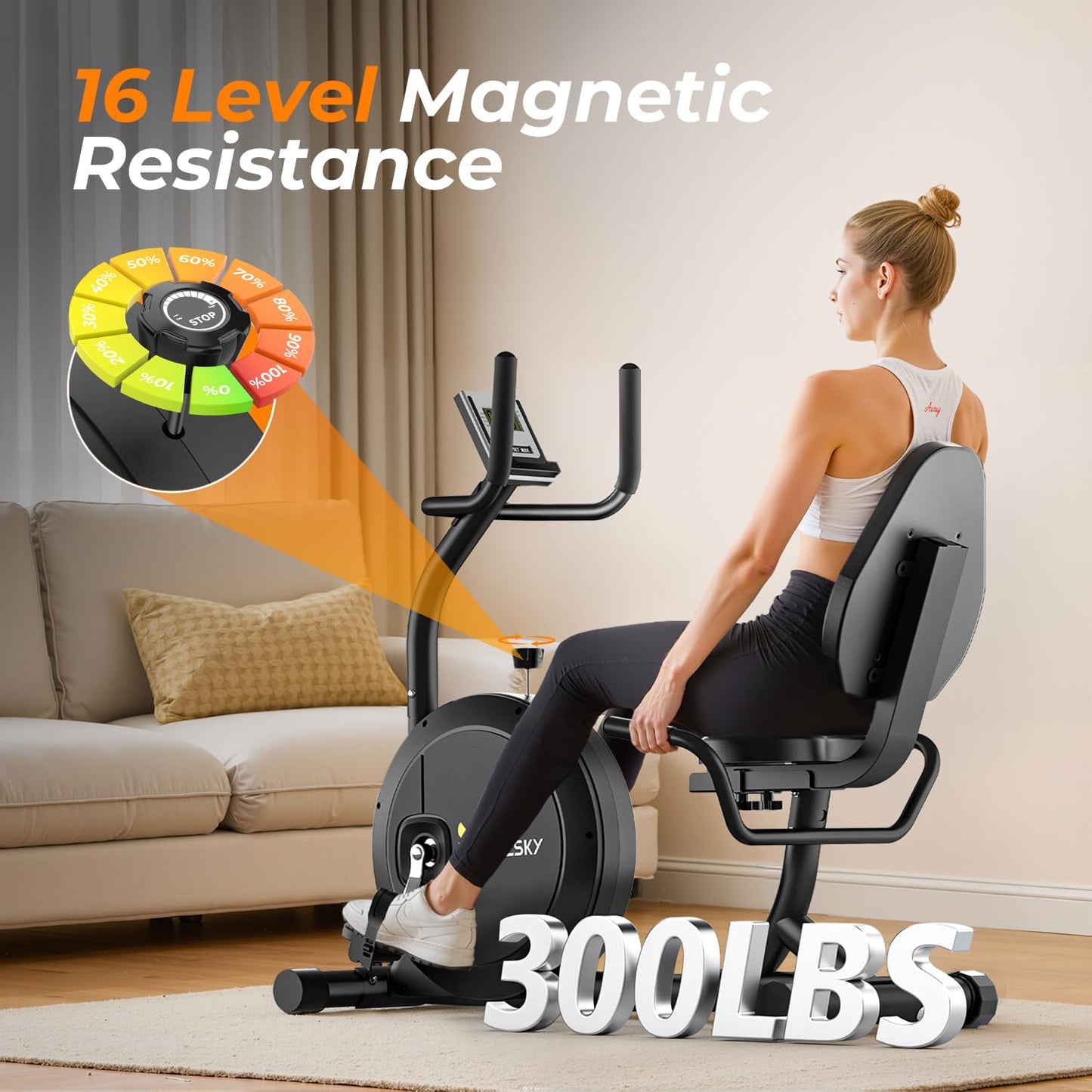 OWLSKY Recumbent Exercise Bike for Home Gym, Magnetic Stationary Bike with 16-Level Resistance, Quiet 15LBS Flywheel, 300LBS Capacity, Low-Impact Cardio & Physical Therapy