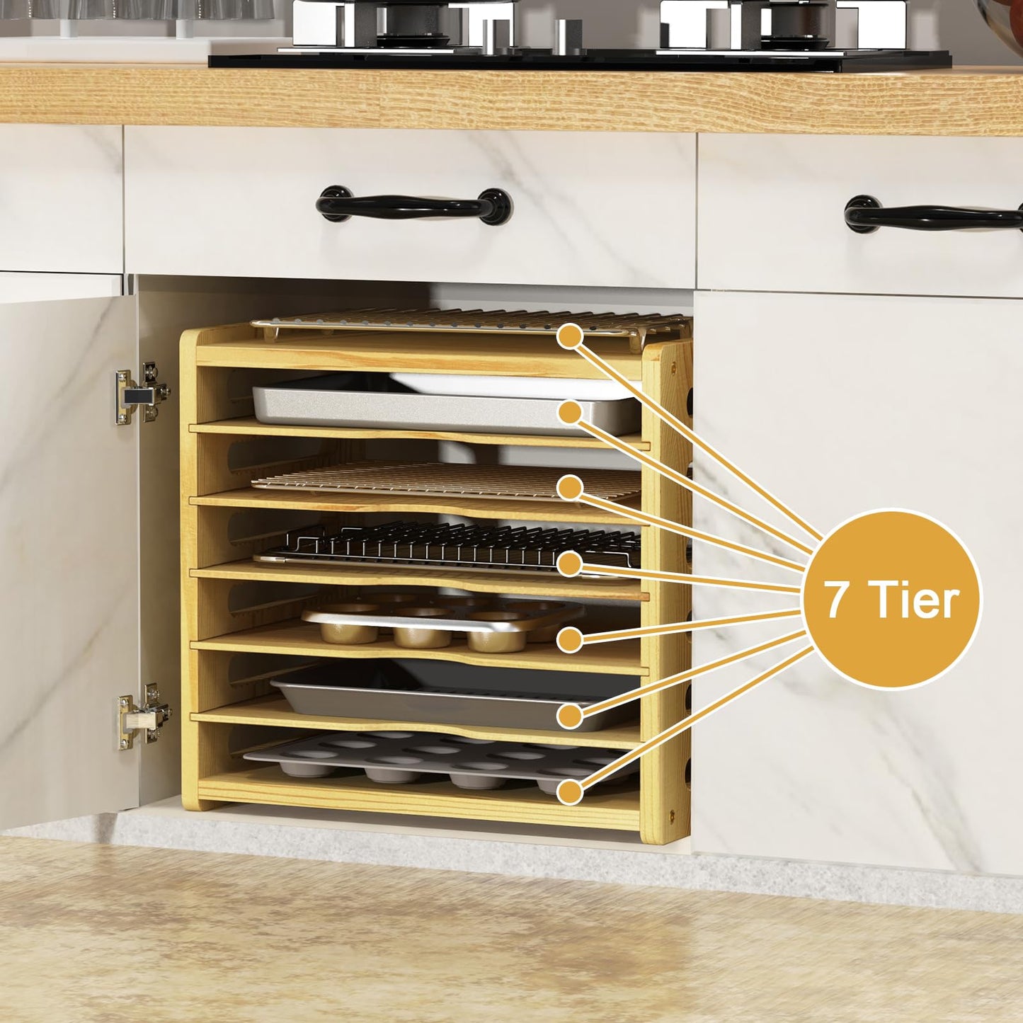 sandpaint 7 Tier Wooden Tray Dividers for Cabinets, Kitchen Cookie Sheet Organizer for Cabinet, Vertical pans, Baking trays, Cutting Board