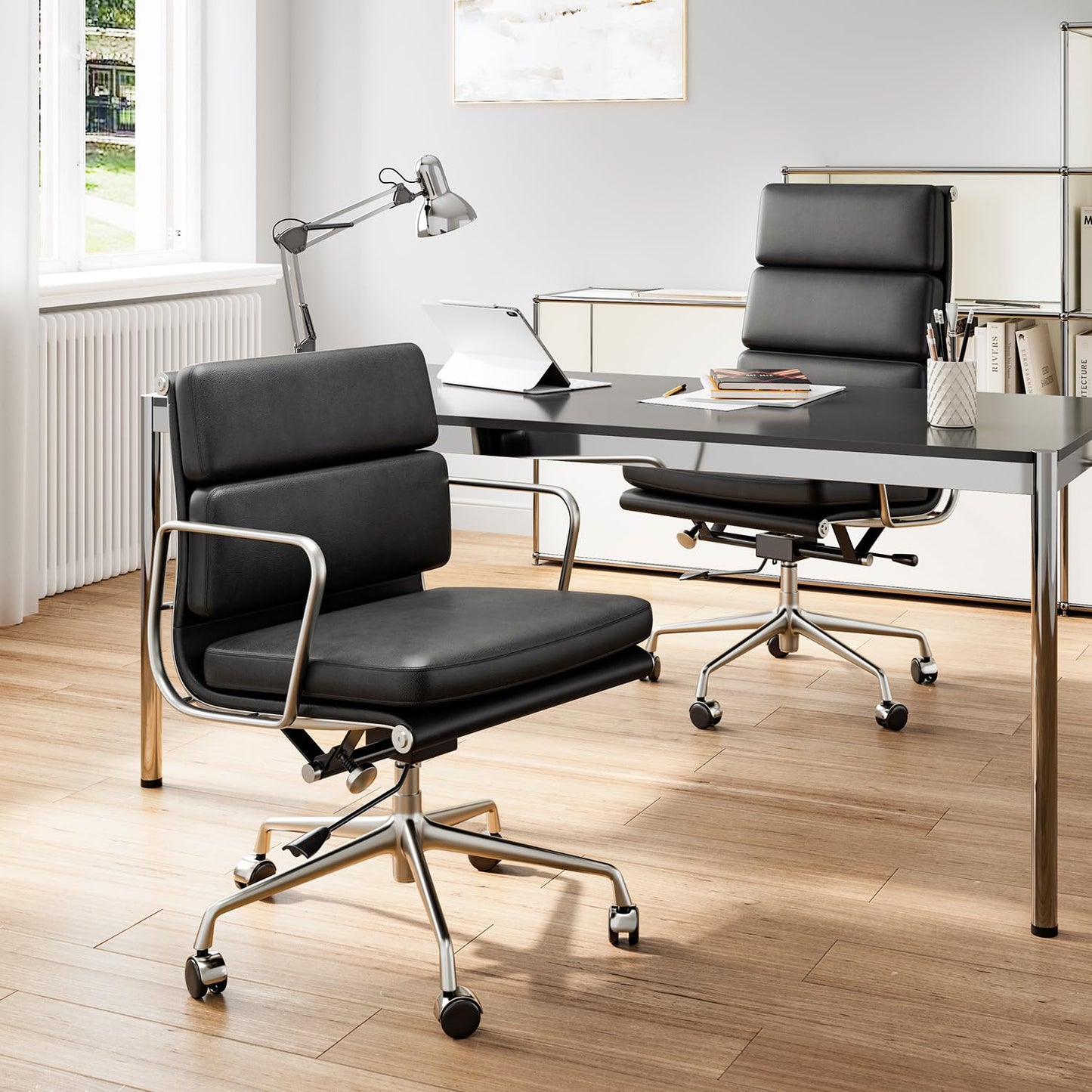 Aekinsly Top Grain Leather Mid-Back Executive Office Chair, Ergonomic Desk Chair with Aluminum Alloy Frame & 5-Star Base, Thick Plush Cushion, Lumbar Support Swivel Chair for Home Office (2, Black)
