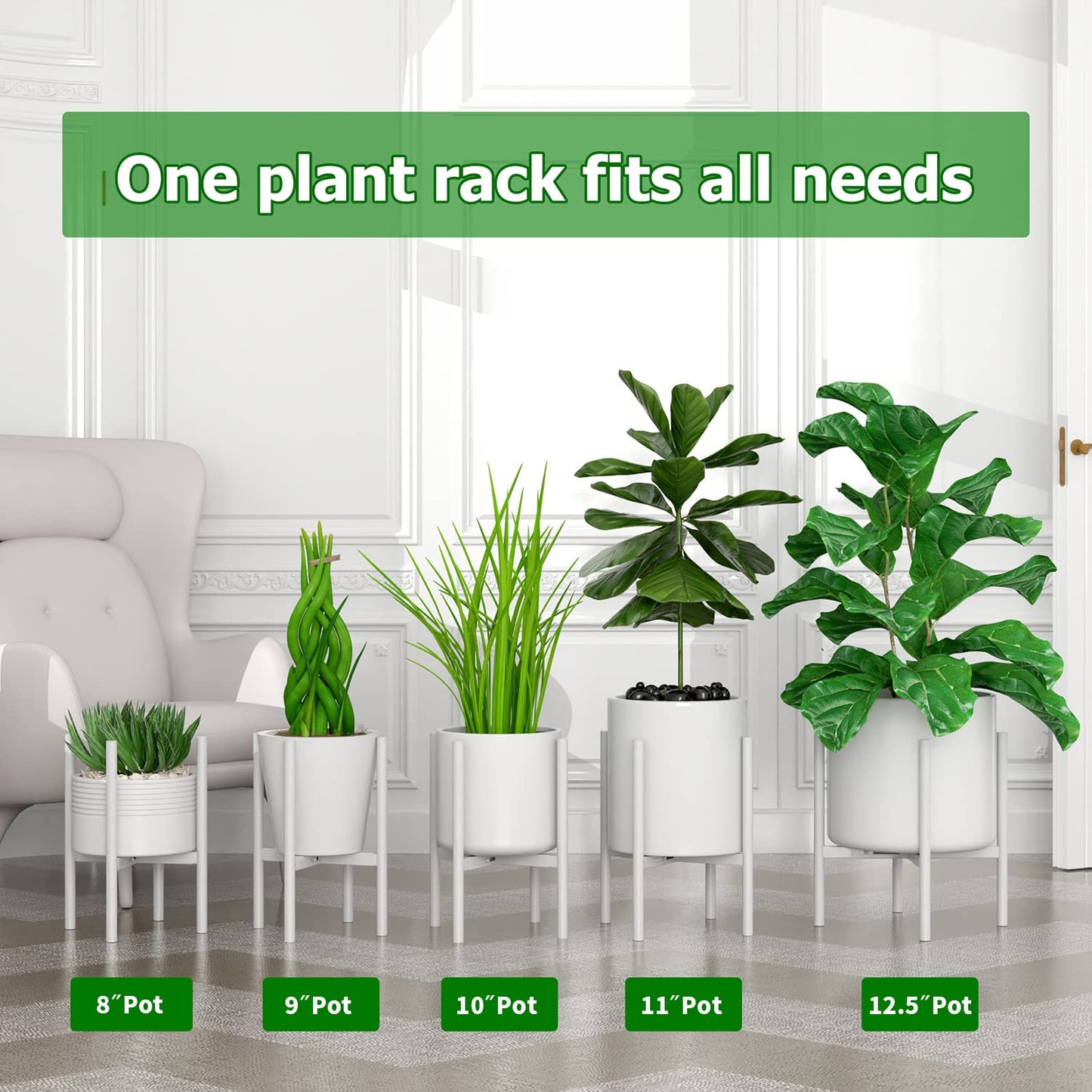 EKNITEY Adjustable Plant Pot Stand: Indoor Outdoor Modern Flower Holder Metal Plant Rack Organizer Planter Stand for Garden Patio Corner Bathroom Living Room Balcony Home Office (White)