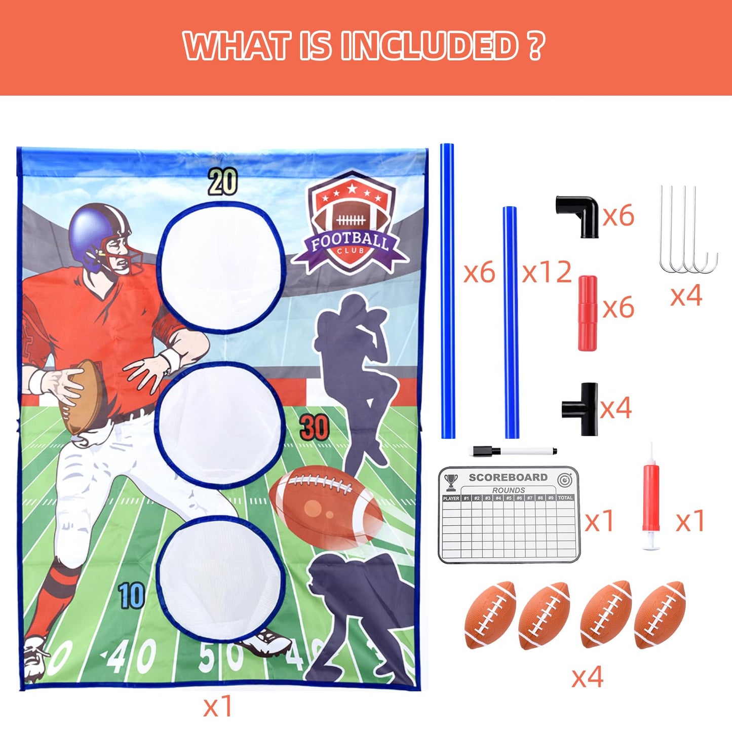 Jahenway Football Toss Game Set with 4 Inflatable Balls – Football Throwing Target Toy for Kids Ages 8-12, Indoor & Outdoor Sports Activity for Boys and Girls Ages 3+