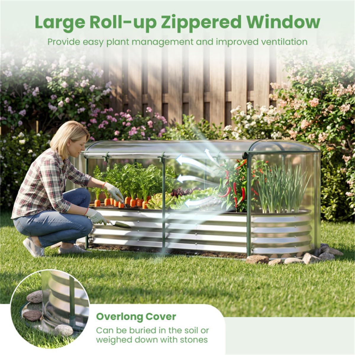3-in-1 Raised Garden Bed with Greenhouse Cover, Oval Color Steel Planter Box, 6x2x1 Ft, Black (Silver)
