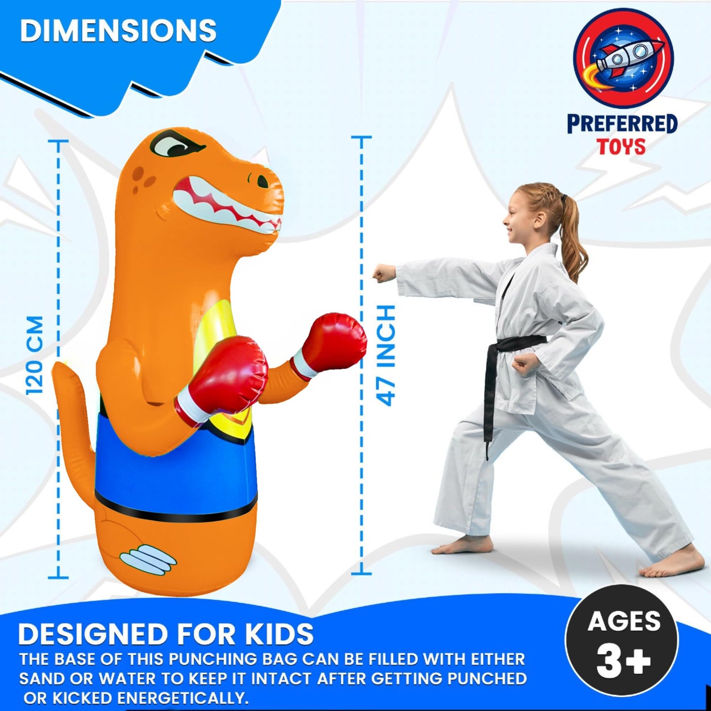 Preferred Toys 47" Inflatable Dinosaur Punching Bag for Kids - Durable Blow Up Kids Punching Bag with Bounce Back Base - Inflatable Indoor Outdoor Active Toddler Bop Play Toy - Orange