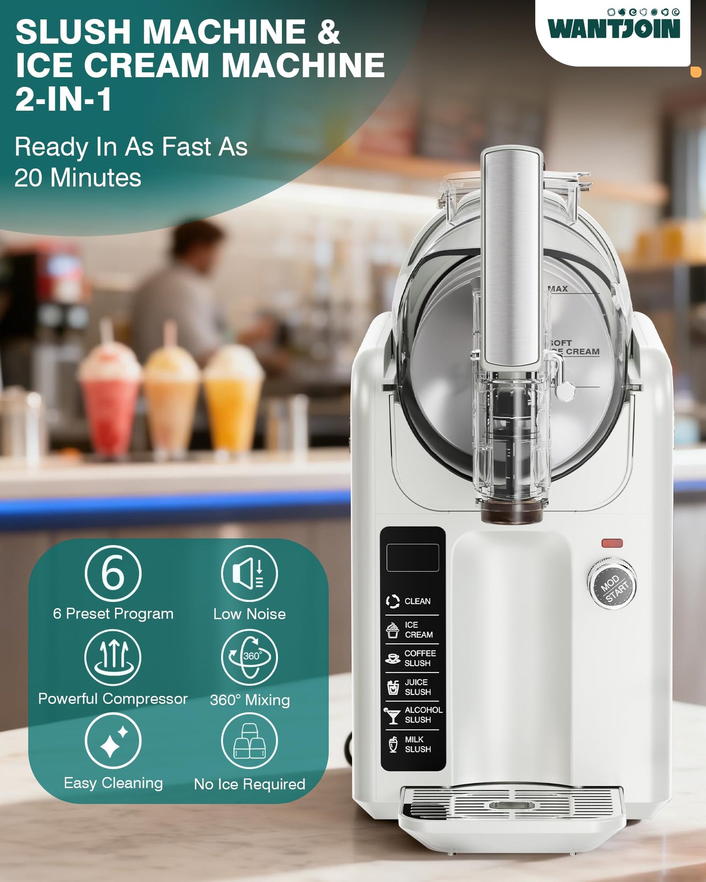 WantJoin 2-in-1 Slushie Machine – 72 oz White Frozen Drink Machines with 6 Preset Modes, No Ice Needed, Quiet and Simple Knob Operation, Frozen Drink Maker for Ice Cream, Margarita & Slushy