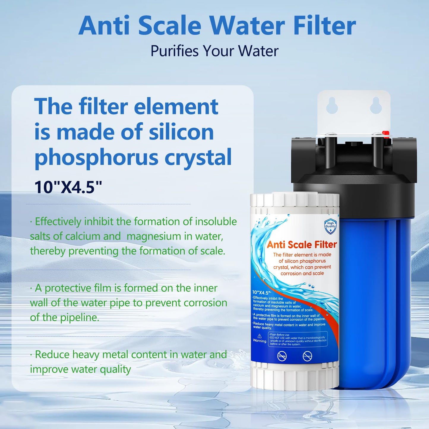 Anti Scale Whole House Water Filter System, Pipeline Prevent Scale Whole House Water 10" x 4.5" Filter, with 80,000 Gallons Capacit, 1" Inlet/Outlet, Reduces Scale Water Filters