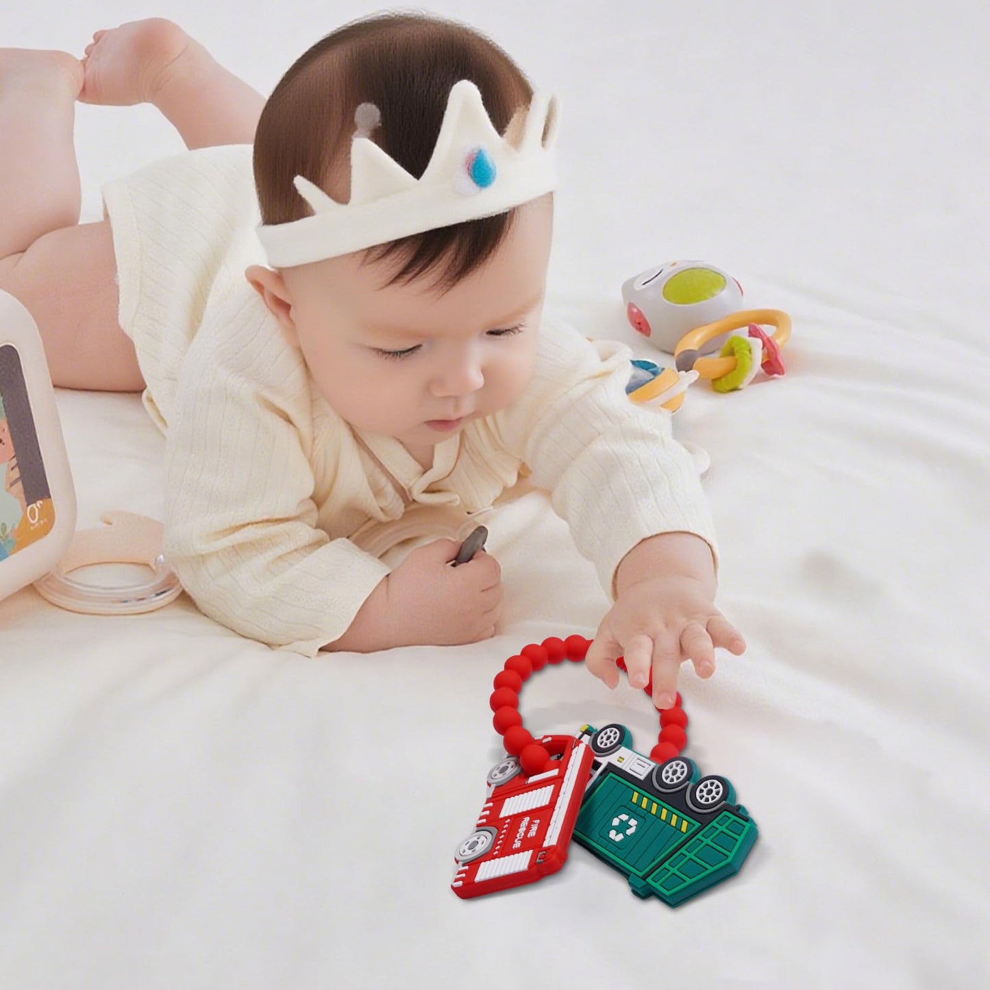 Silicone Baby Ring Toy with Fire Truck,Garbage Truck Teethers,Must Haves Teething Relief Chew Toys for 0-6,6-12 Months Boys and Girls,Newborns Essentials,Safe and Soft,BPA Free.