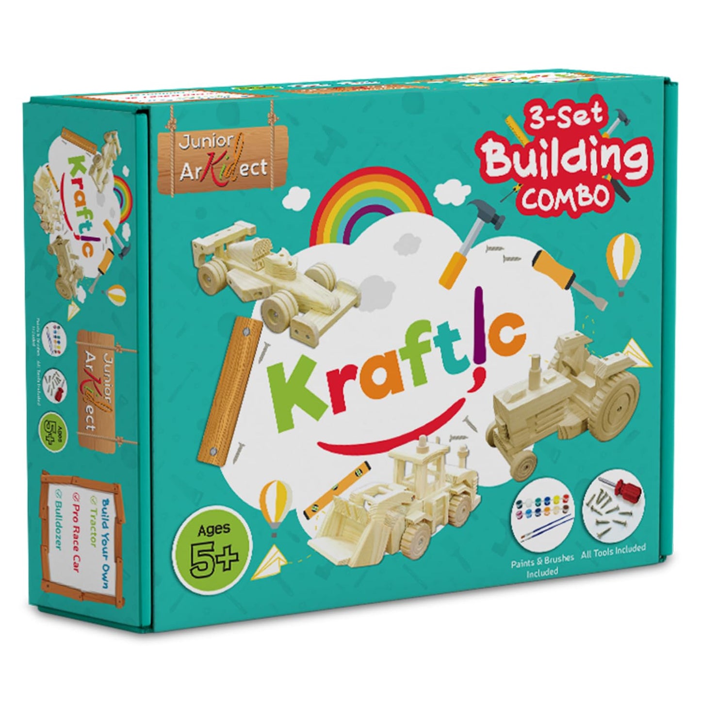 Kraftic Woodworking Building Kit for Kids, with 3 Educational DIY Carpentry Construction Wood Model Kit Toy Projects for Boys and Girls- Tractor, Bulldozer and Racing Car