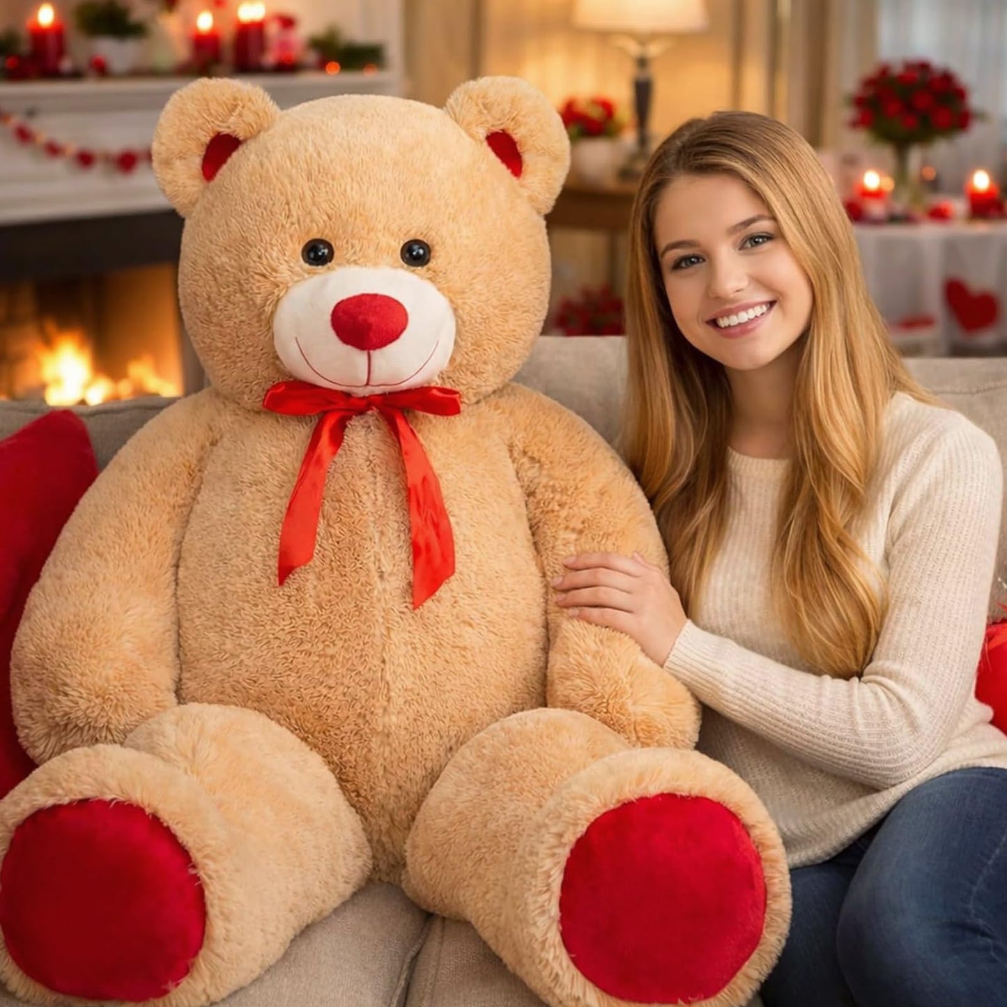 WENMOTDY Giant Teddy Bear 4ft Stuffed Animal Big Teddy Bear Plush with Red Ribbon Bow and Paw Pads Plush Toy for Girlfriend Lover Mom Kids Anniversary Valentines Birthdays Gifts 48 inch Tan