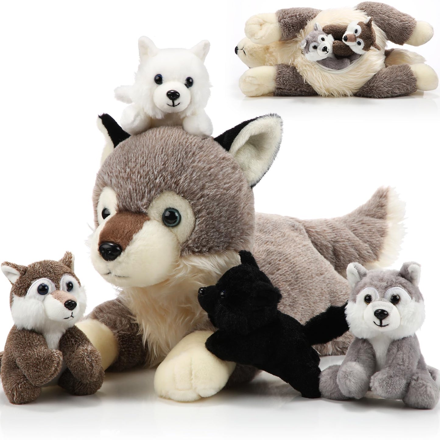 Shappy 5 Pieces Soft Wolf Stuffed Animal Family Set – 16 Inch Large Mommy Plush with 4 Small Baby Plushies on Galentines Valentines Day Easter Birthday Exchange Gifts for Kids Boys Girls