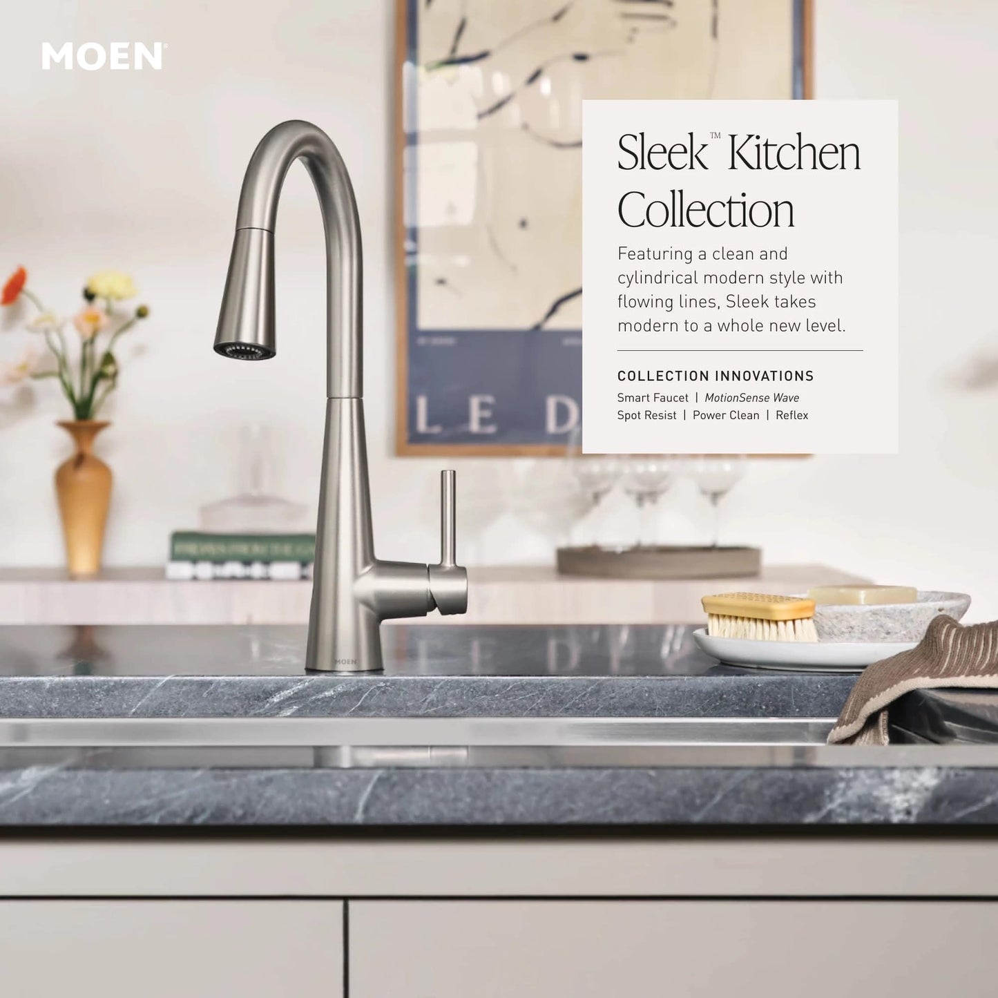 Moen Sleek Matte Black Pulldown Kitchen Faucet Featuring Pull Down Sprayer with Power Boost, High Arc Modern Kitchen Faucet, One-Handle Easy Installation, 7864BL