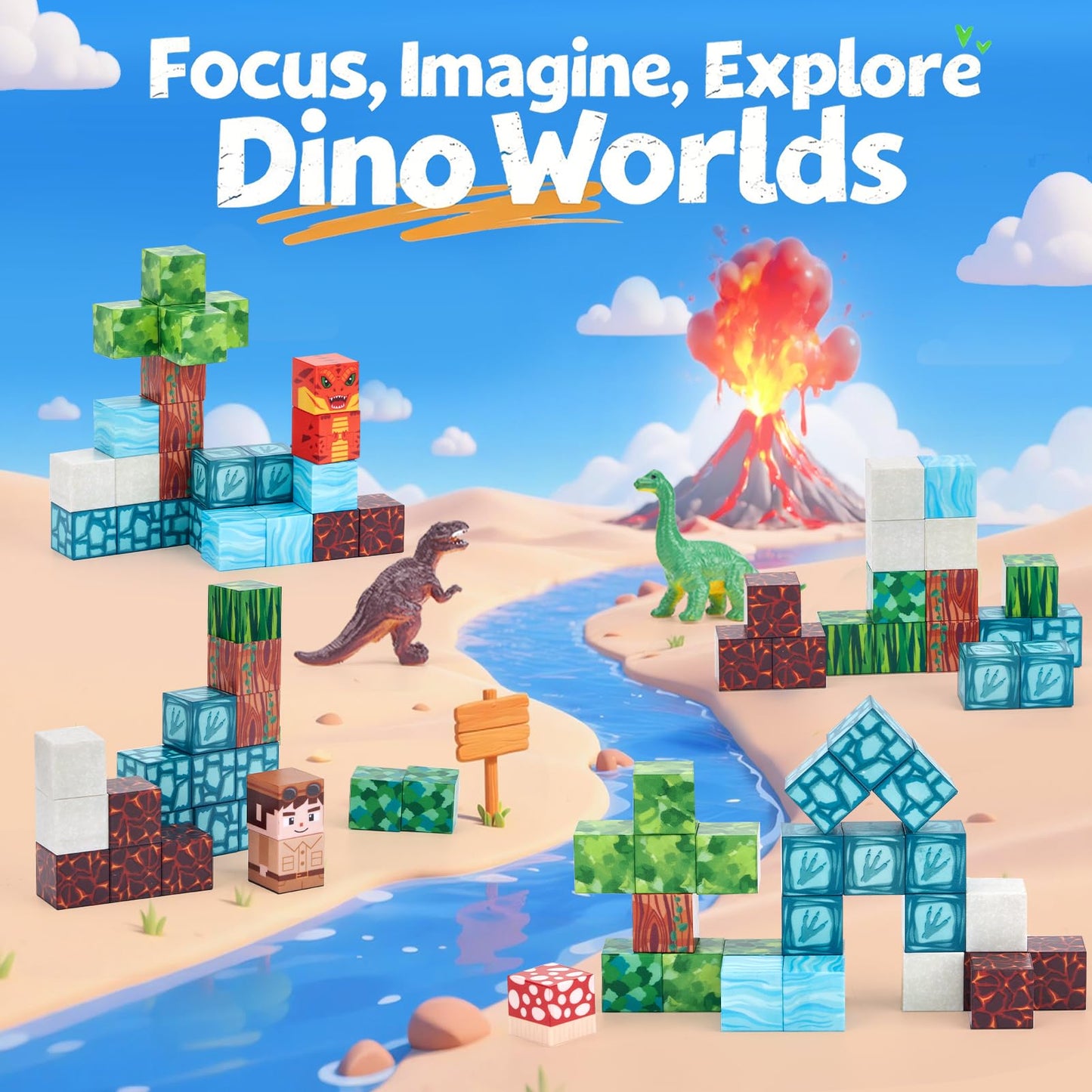 hahaland Mini Magnetic Blocks Travel Set with Magnetic Case - 52 PCS Magnet Building Cubes Dinosaur Toys for Kids 3-5 Toddler Travel Toys Airplane Essentials, Stem Toys 4 Year Old Boys 3 Year Old Gift