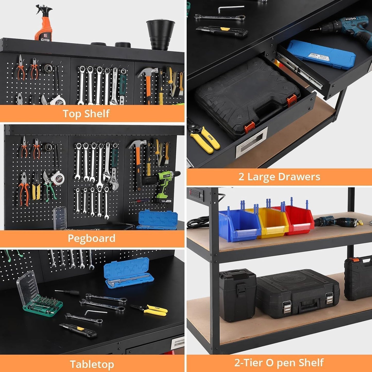 KOKEBREN 48'' 3-Tier Adjustable Workbench, Heavy Duty Workbench with Drawer and Backplate, 2000 LBS Capacity Work Table, Suitable for Office, Garage, Workshop