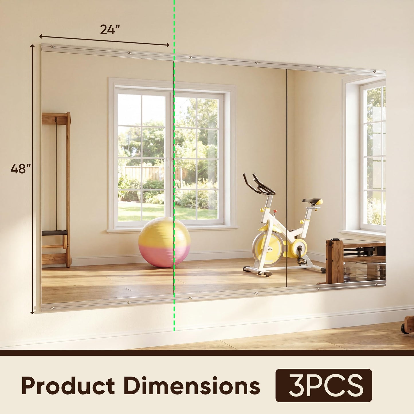 Antok Home Gym Mirror 48"x24" 3PCS, Large Full Length Wall Mounted Mirrors, Frameless Tempered Glass Full Body Mirror for Gym Yoga Dance Studio Garage Bedroom & Bathroom