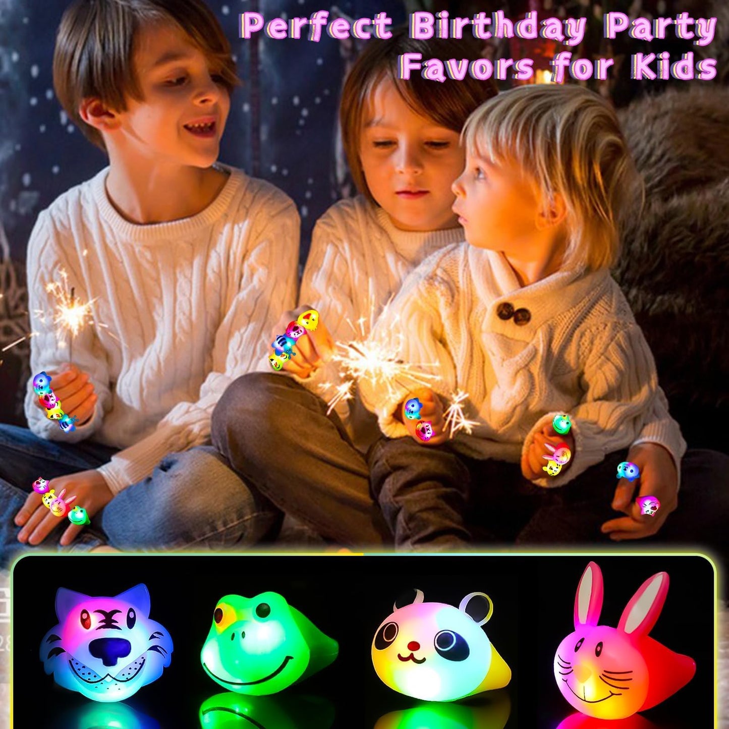 SCIONE 40 Pack Light up Rings Birthday Party Favors for Kids, Goodie Bag Stuffers Glow in the Dark Halloween Party Supplies, Classroom Prizes Cute Animal Treasure Box for Kids