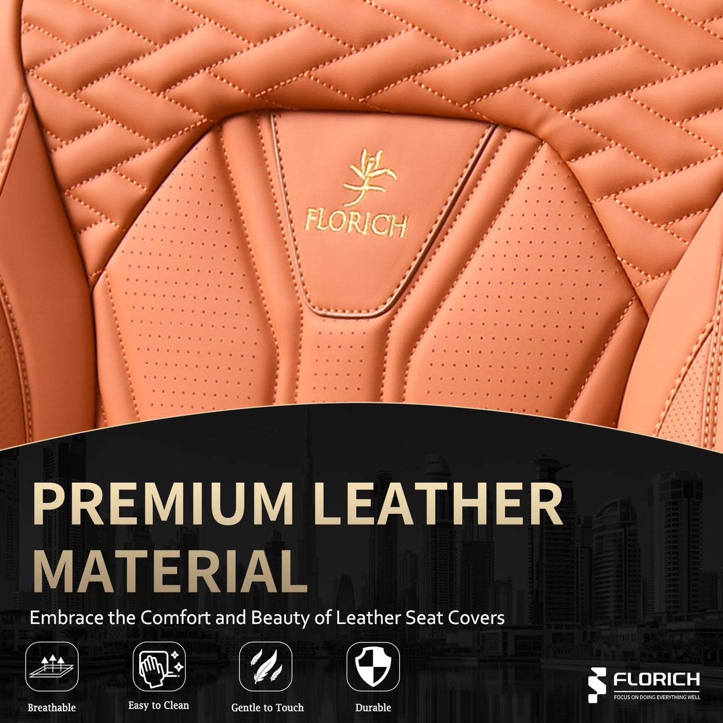FLORICH Car Seat Covers Full Set, Leather Seat Covers for Cars, Orange Seat Cover, Waterproof Car Seat Cushion Universal Car Seat Protector Front Seats and Back Fit for Most Cars Trucks SUVs