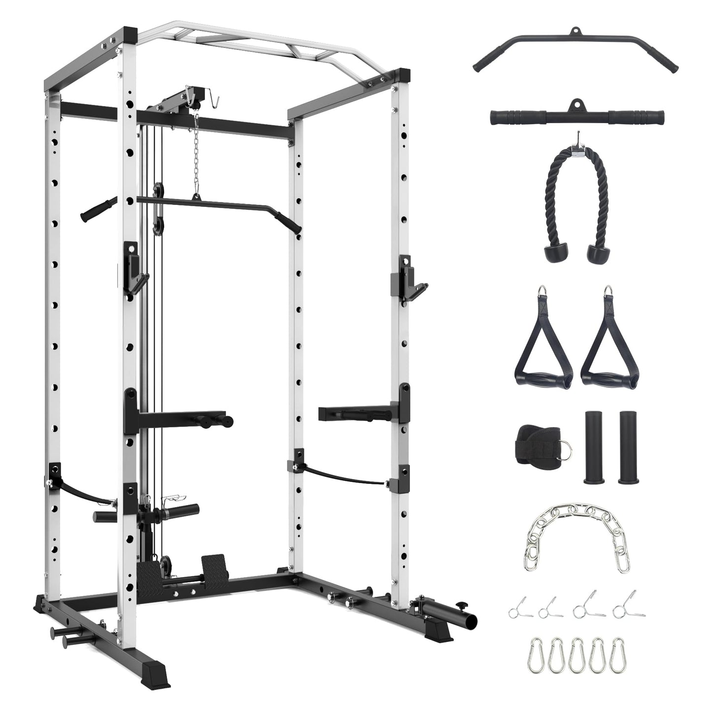 GarveeLife Power Cage, Multi-Function Power Rack with LAT Pulldown, 1600 LBS Weight Capacity Fitness Squat Rack with Cable Pulley System and j-Hooks, Dip Bars and Landmine Attachment for Home Gym