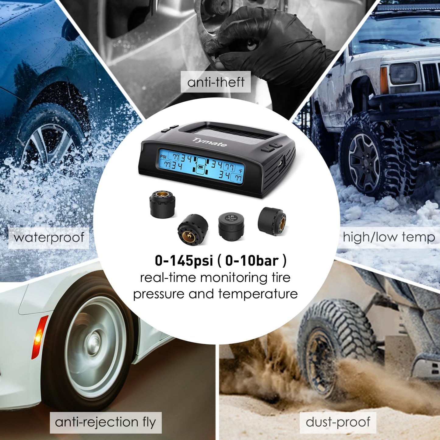 Tymate RV Tire Pressure Monitoring System - M7-3 TPMS Tire Pressure Monitor System(0-87 PSI) with Solar Charger, RV TPMS with 4 sensors & 5 Alarm Modes, LCD Display, Auto Sleep Mode, Easy to Install