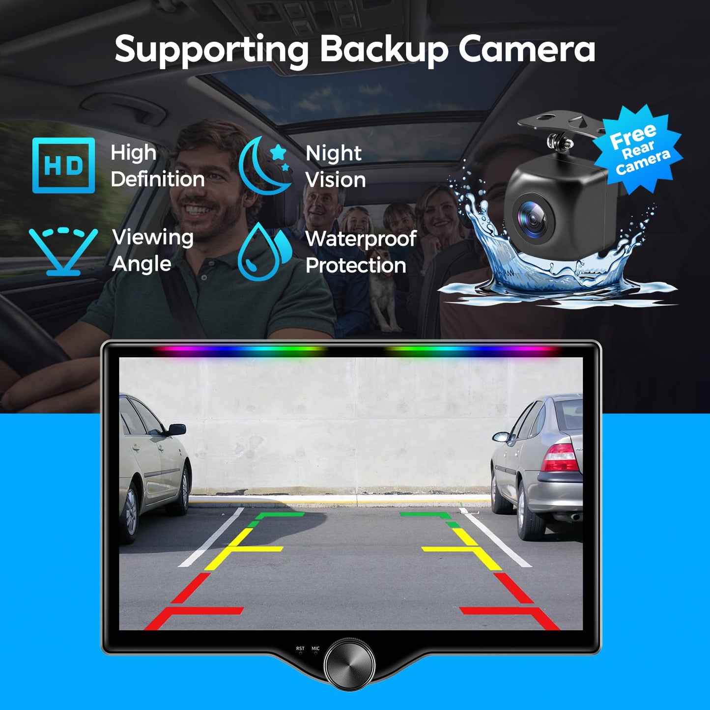 Kissound 10.1" QLED Double Din Car Stereo with Wireless Carplay & Android Auto, Music Sync Luminous Bar, SWC, Bluetooth, Backup Camera, 240W, Dual Subwoofer Output, Car Radio, Navigation, FM/AM
