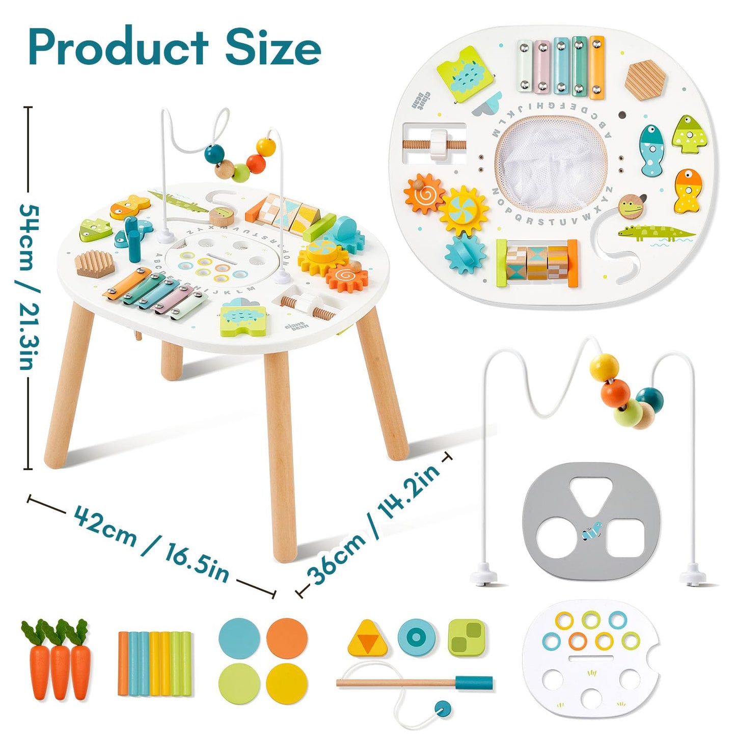 Giant bean® Wooden Activity Table for 1 Year Old, 11-in-1 Montessori Learning Table with Bead Maze, Shape Sorter, Fishing Game & More – Sensory Development Toy for Toddlers, Ideal 1st Birthday Gift
