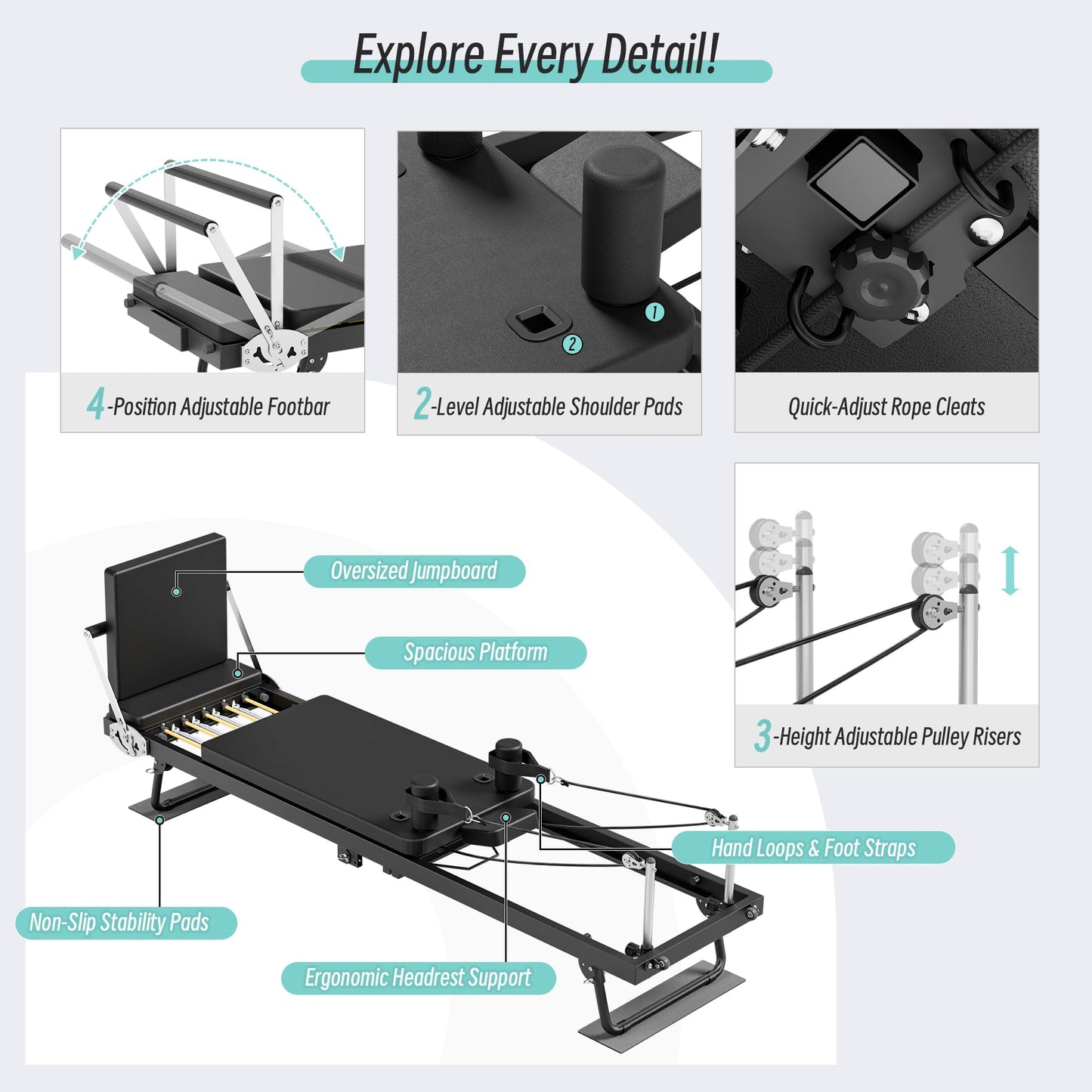 MU Pilates Reformer, Foldable Reformer Pilates Machine with Dual Resistance for Home Use and Gym Workout, Suitable for Advanced and Beginners Users (91.5" with Jump Board)