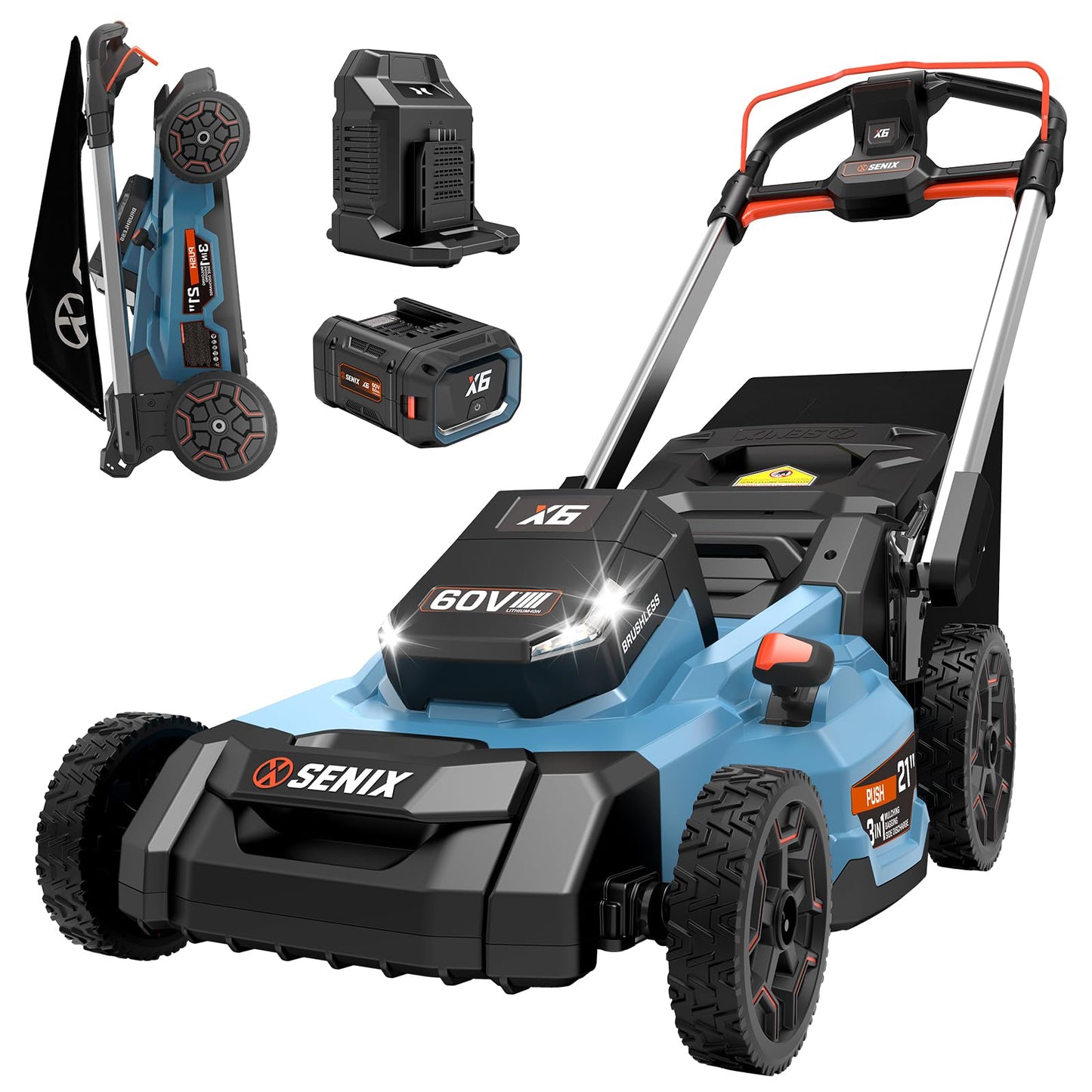 SENIX X6 60 Volt Max* 21-Inch 3-in-1 Cordless Push Lawn Mower, with Bagging, Mulching, and Side Discharge, Height Adjustment, Smart Display, 6Ah Lithium-ion Battery & Charger Included (LPPX6-H)