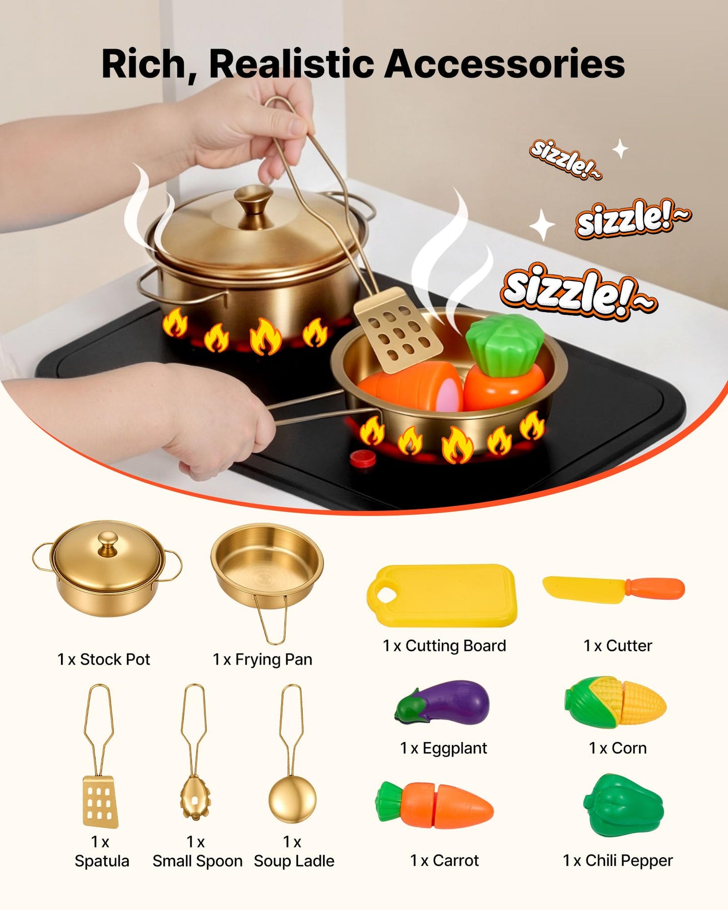 VEVOR Play Kitchen for Kids, Wooden Kids Kitchen Playset with Real Lights & Sounds, Food & Cookware Accessories, Pretend Play Toy Set, Sink, Oven, Stove, Cabinet, for Toddlers, Girls & Boys Ages 3-8
