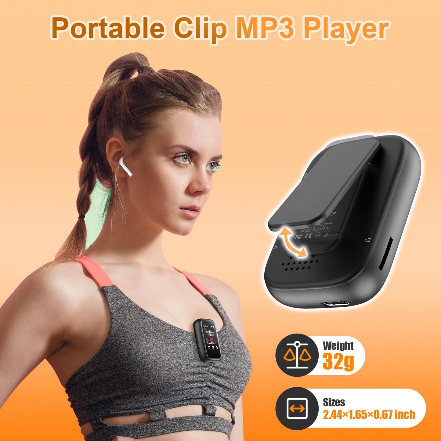 Portable Kids MP3 Player with Sports Clip, Small Music Player with Bluetooth 5.3, Touch Screen, Built-in Speaker, Voice Recorder, FM Radio, Expandable Storage up to 512GB(Black)