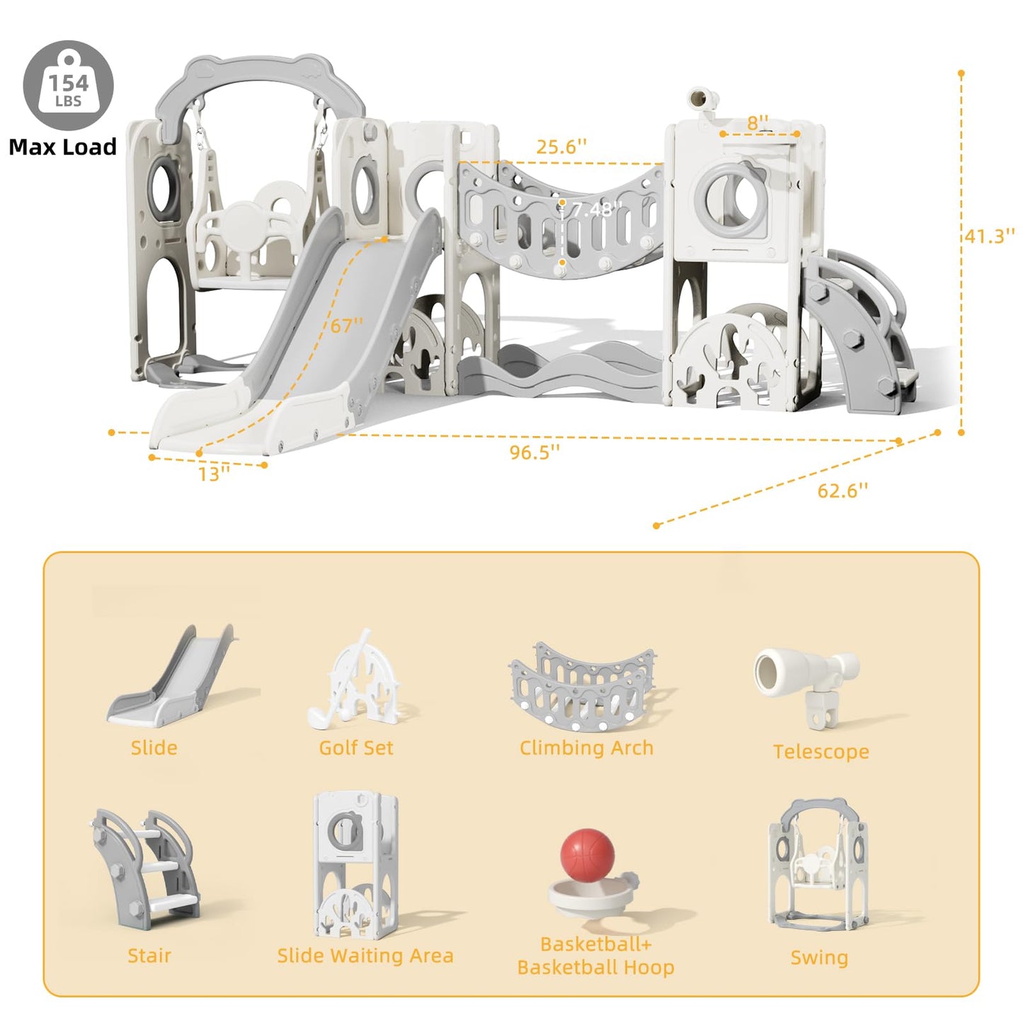 67i Toddler Indoor Playground Slide and Swing Set with Climbing Arch, Golf, Basketball - Outdoor Playset for Toddlers 1-3, Kids Activity Center (White Gray, with Swing)