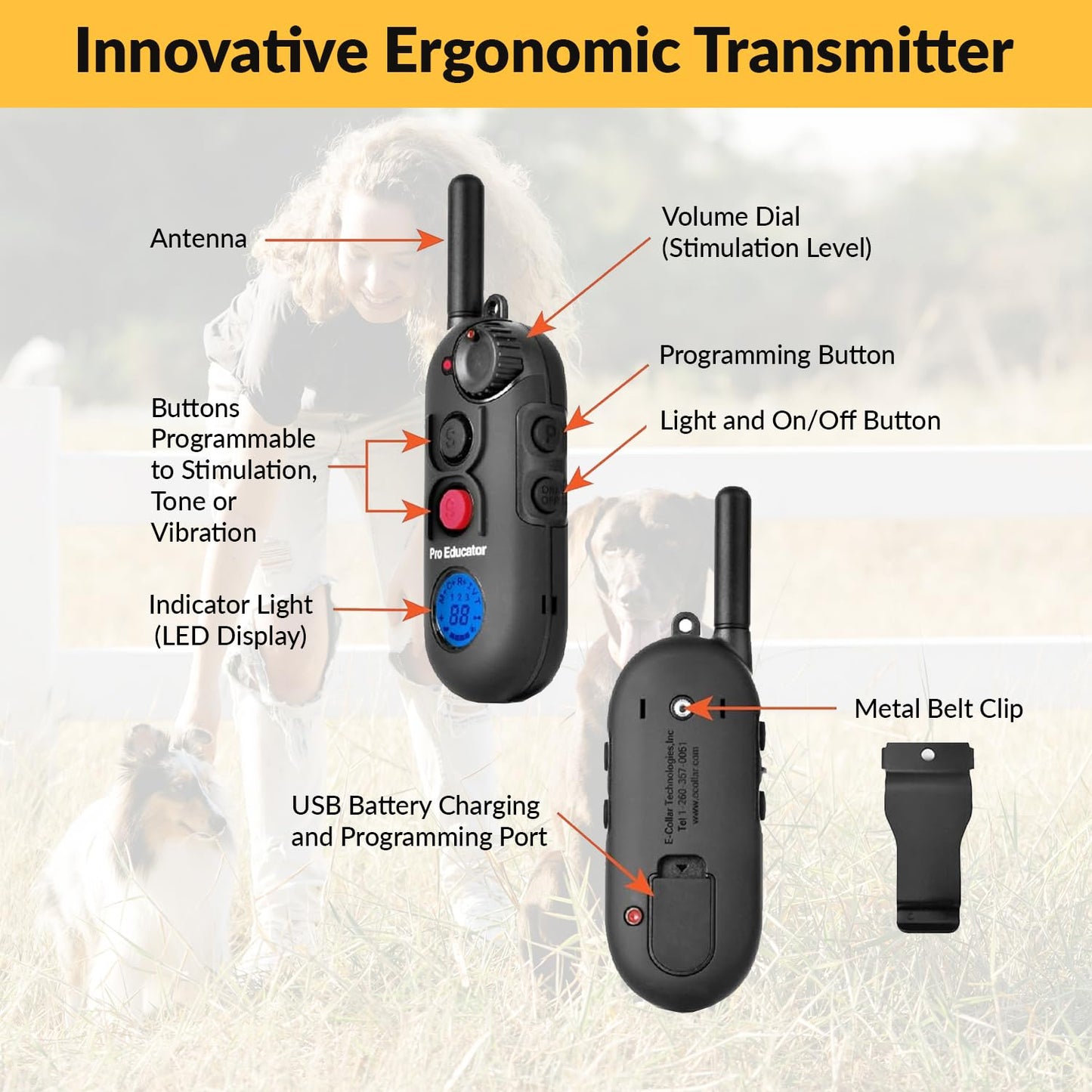 Educator Pro 1/2 Mile Dog Training Collar with Ergonomic Remote, Safe Humane Vibration Stimulation, Pavlovian Tone, Waterproof, Odorproof Biothane Collar, Night Light, Rechargeable, 1 Dog, Black