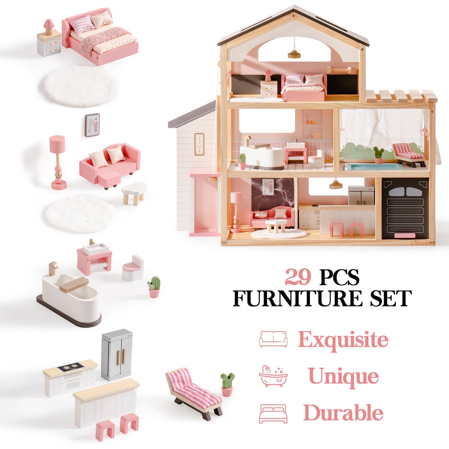 ROBUD Doll House, Wooden Dollhouse with 6 Rooms, 29-pcs Furniture Set, Working Elevator, Garage, Swimming Pool, Ideal Gift for Kids Ages 3+ (Black)