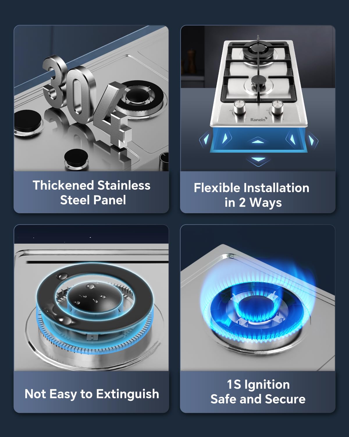 2 Burner Gas Cooktop – Stainless Steel Built-in Gas Stove for Apartment & Small Kitchen, LPG/NG Convertible, Easy Installation, Compact Size