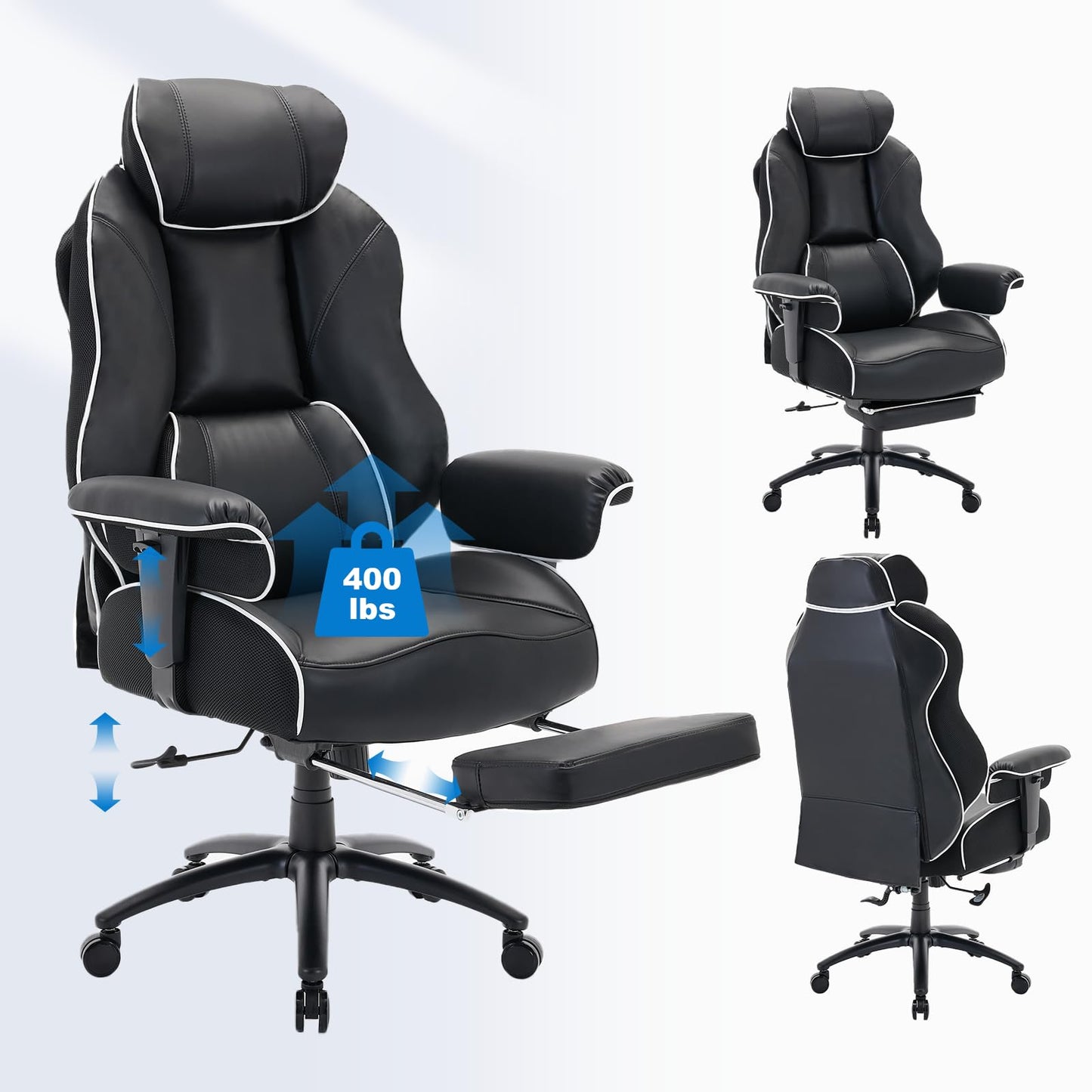 DJ·Wang Big and Tall Office Chair with Foot Rest, High Back Executive Office Chair PU Leather, Ergonomic Chairs with Lumbar Support, 135° Reclining Chairs with Thickened Spring Cushion Black