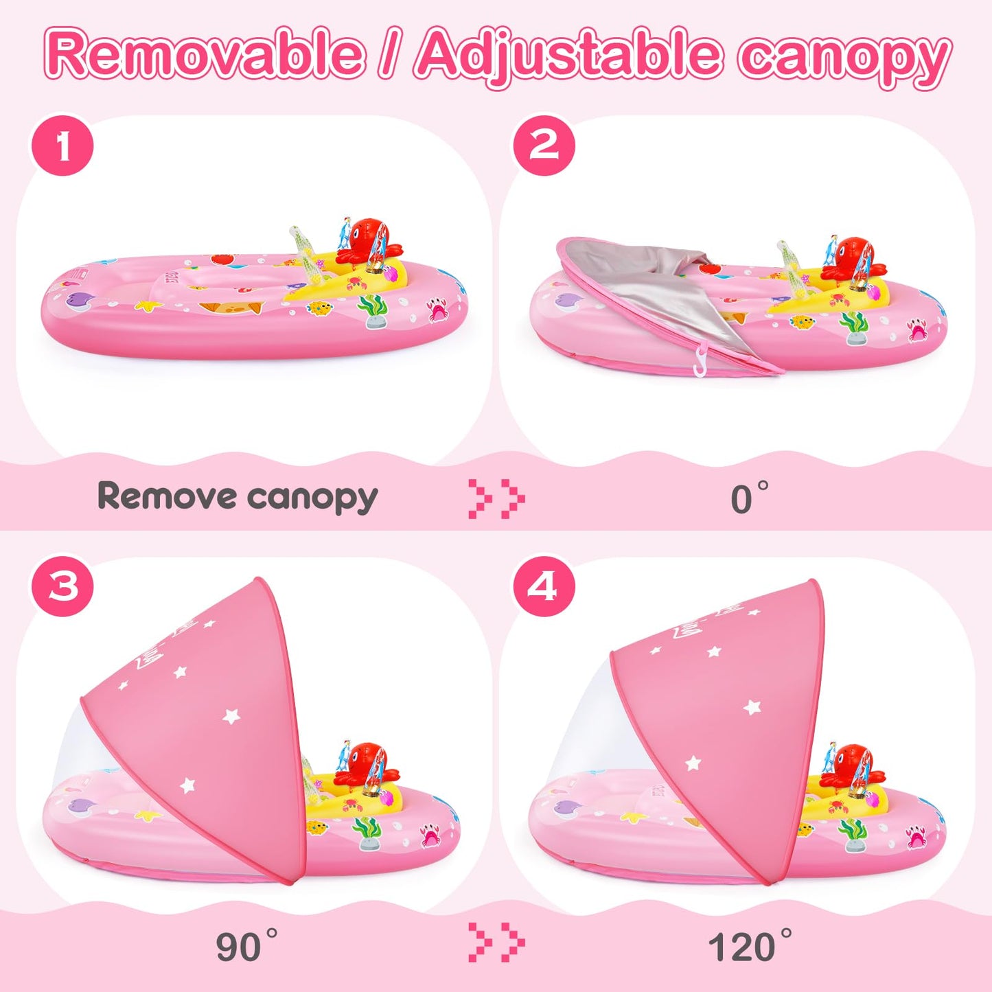 EZIGO Baby Pool Float with Canopy UPF50+ Sun Protection, Inflatable Kids Pool Floats with Ocean Animal Toys for Baby 6-36 Months, Infant Swimming Float with Adjustable Safety Seat for Boys Girls Pink