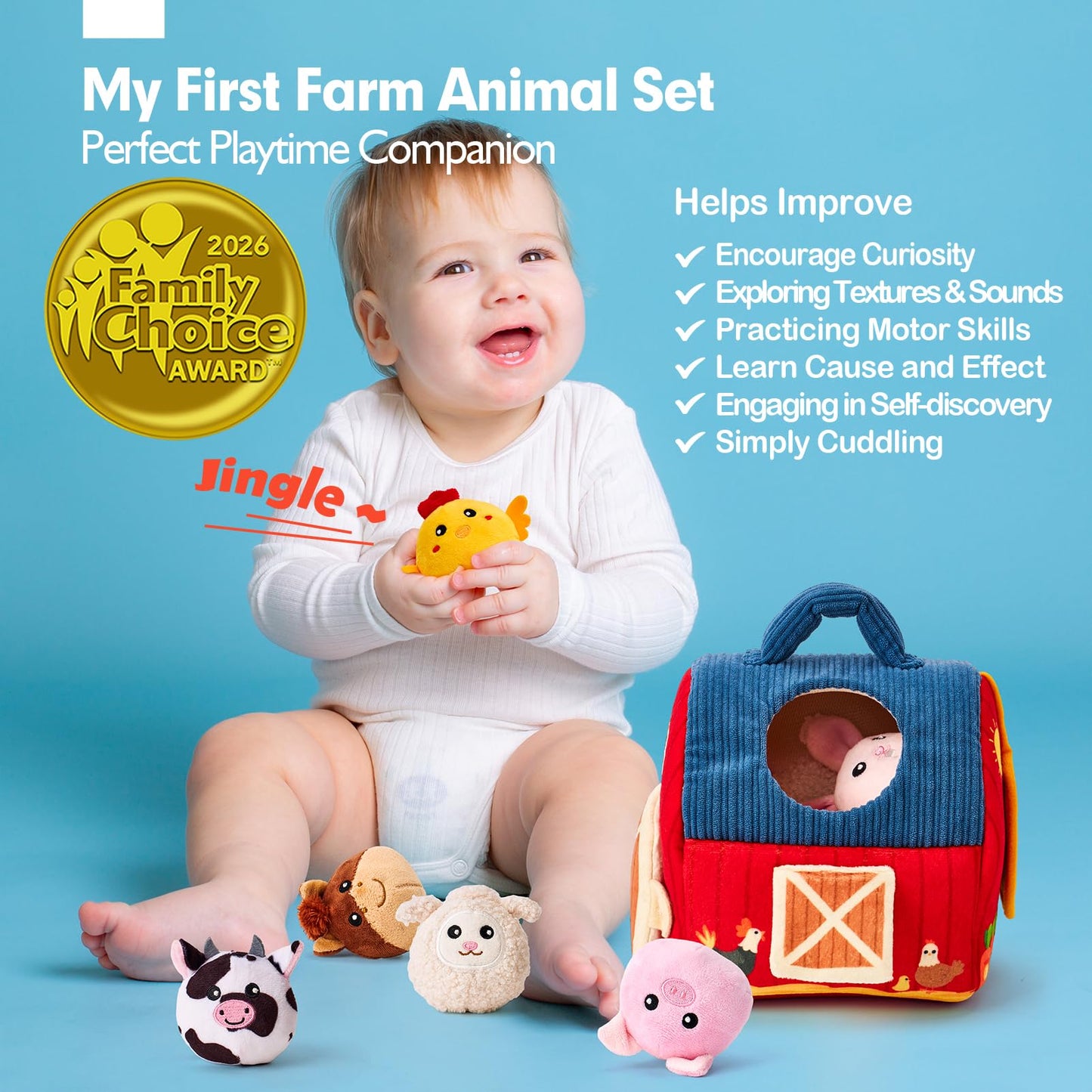 hahaland Baby Toys 6-12 Months - Surprise Barn Stuffed Farm Animals, Rattle, Crinkle, Mirror, Montessori Toys for 6 Month Old Sensory Balls 1-3, Baby Boy Gifts, Farm Plush Toys for Babies Travel Toy